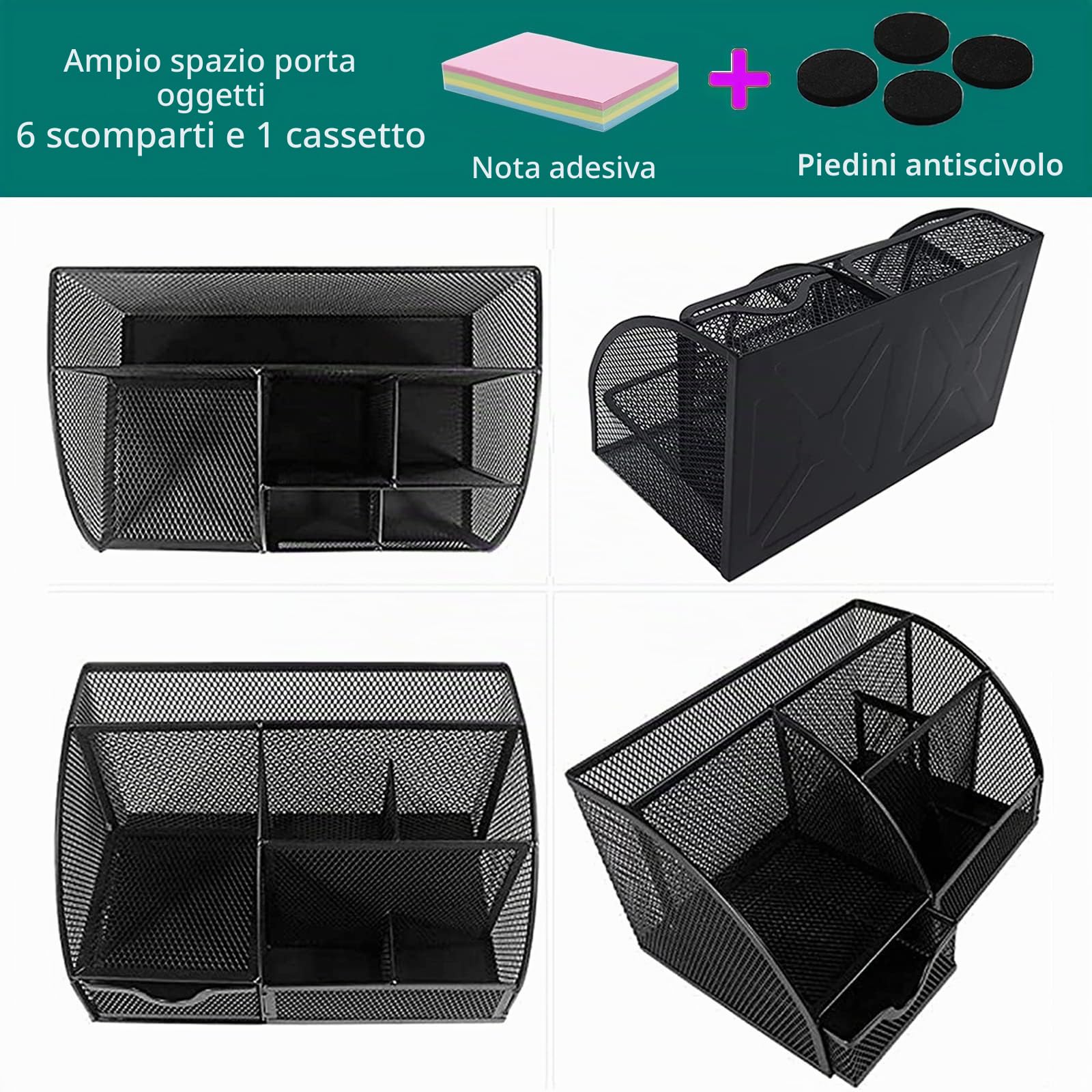 Organizer Scrivania, Portapenne da Scrivania, Portapenne in Rete Metallica Accessori Scrivania, Multifunzione Porta Penne Portaoggetti Scrivania con Cassett, per Uffici, Scuola e Casa (Nero)