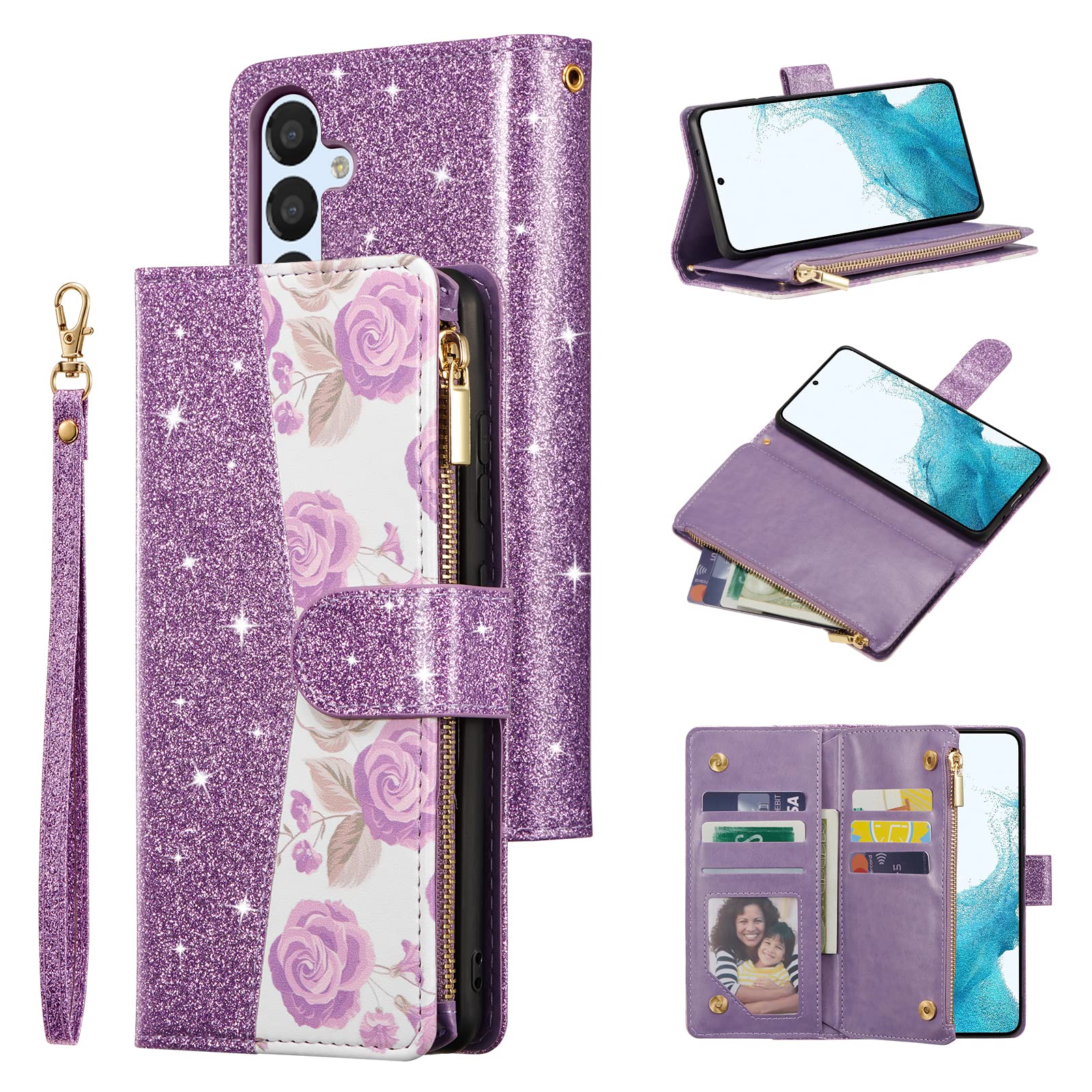 UEEBAI Wallet Case for Samsung Galaxy S24 5G, High-End PU Leather Magnetic Handbag Zipper Pocket Case Kickstand Card Holder Slots Wrist Strap TPU Shockproof Rose Flip Cover for Women - Bling Purple