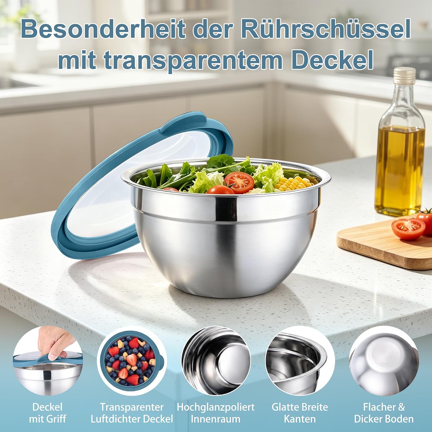 TEAMFAR Mixing Bowl with Lid Set of 5 Stainless Steel Bowls Blue image 3