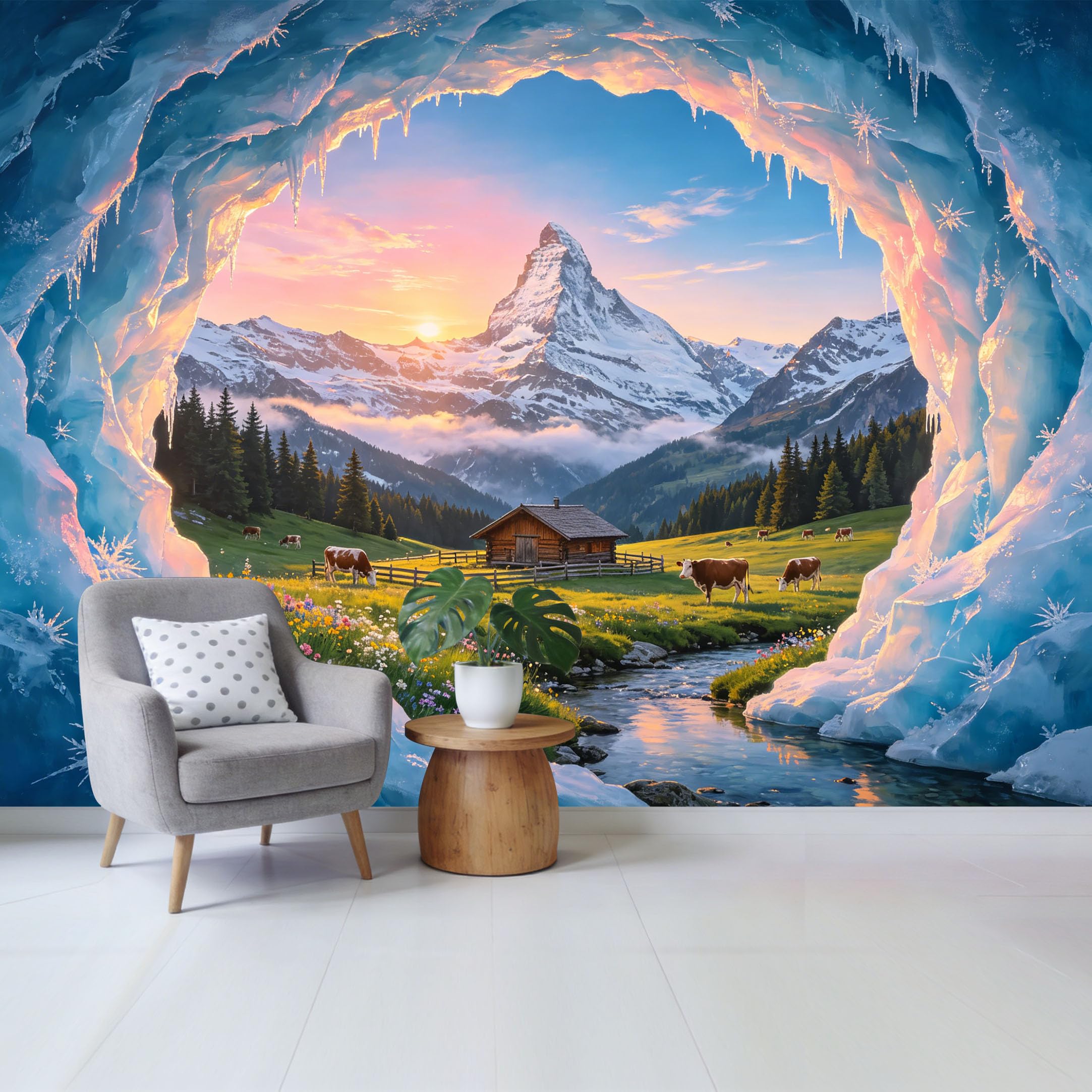 Custom Size Wall Mural Mountain Lake Landscape Ice Cave Alpine Sunrise Scenic View Removable Self Adhesive Fabric Home Wall Decor for Living Room Bedroom Bathroom