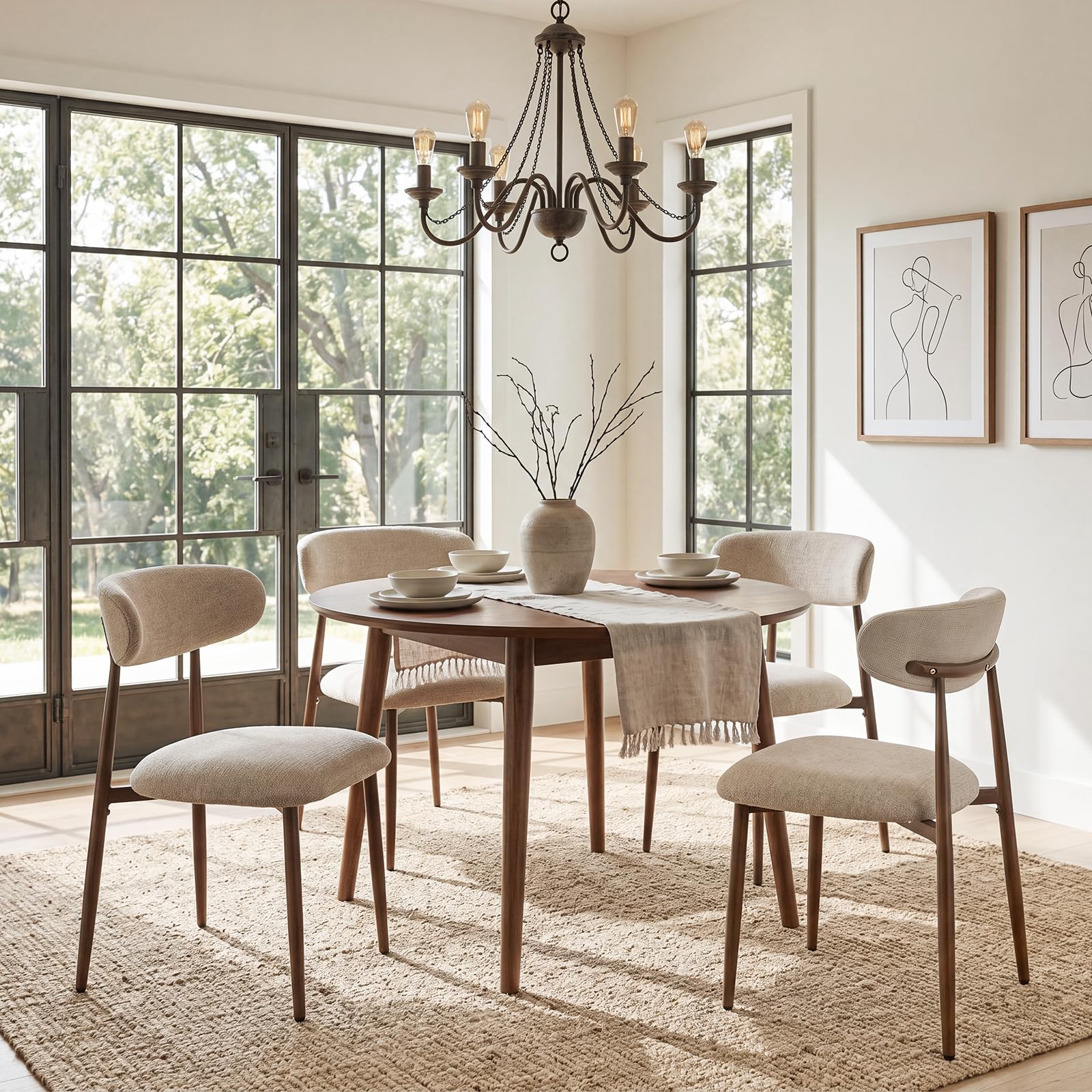 Lot de 4 Chaises de Salle à Manger, Chaises de Cuisine en Tissu Chenille, Fauteuil Salon Rembourrée avec Cadre en Métal en Noyer pour Salle à Manger Salon Cuisine Terrasse, Camel