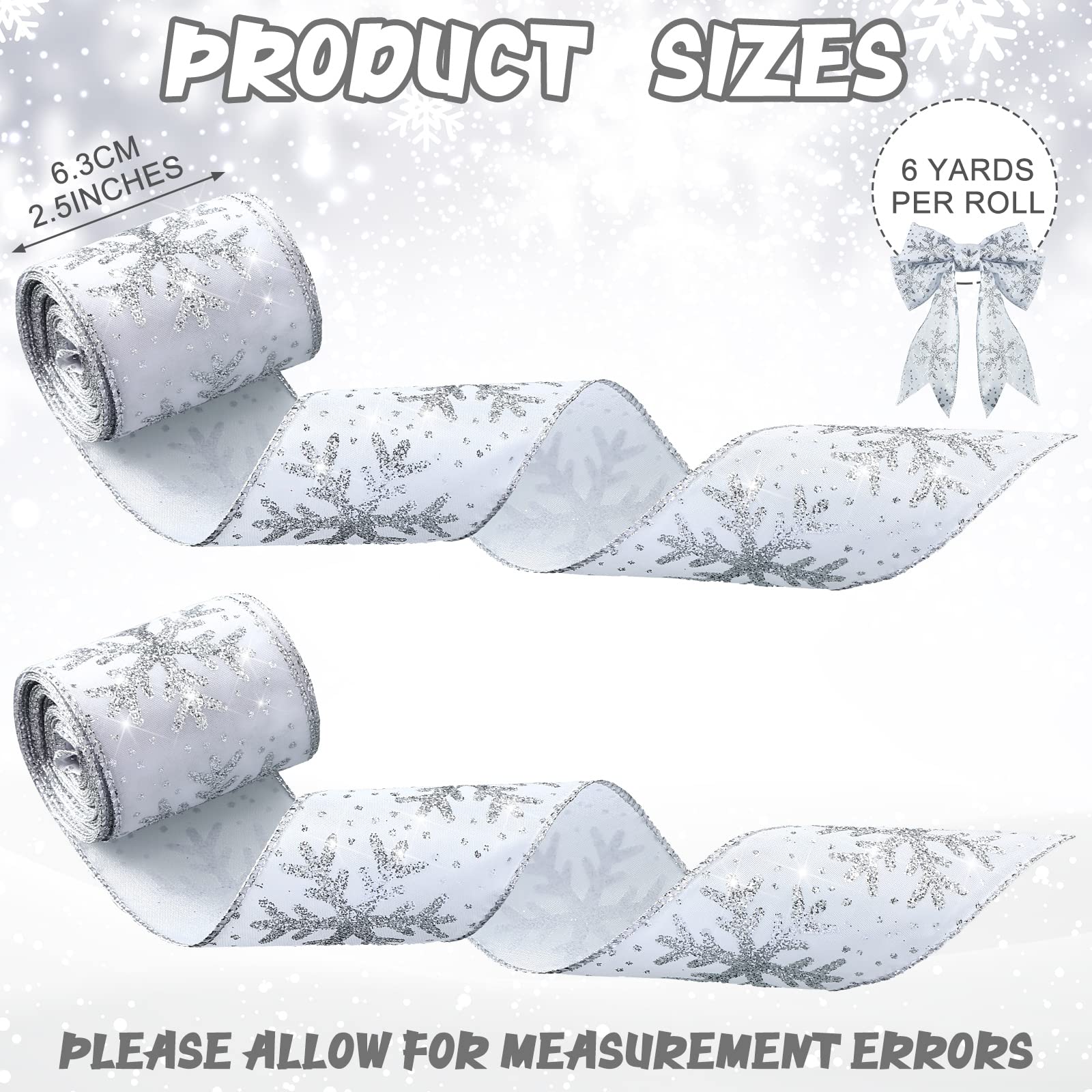 Xinnun Christmas Snowflake Wired Ribbon 2.5 Inches 2 Rolls Satin Glittered Snowflake Wired Edge Christmas Ribbon for Tree Gift Wrapping Home Decorations Bow DIY Craft(12 Yard,White - Image 3