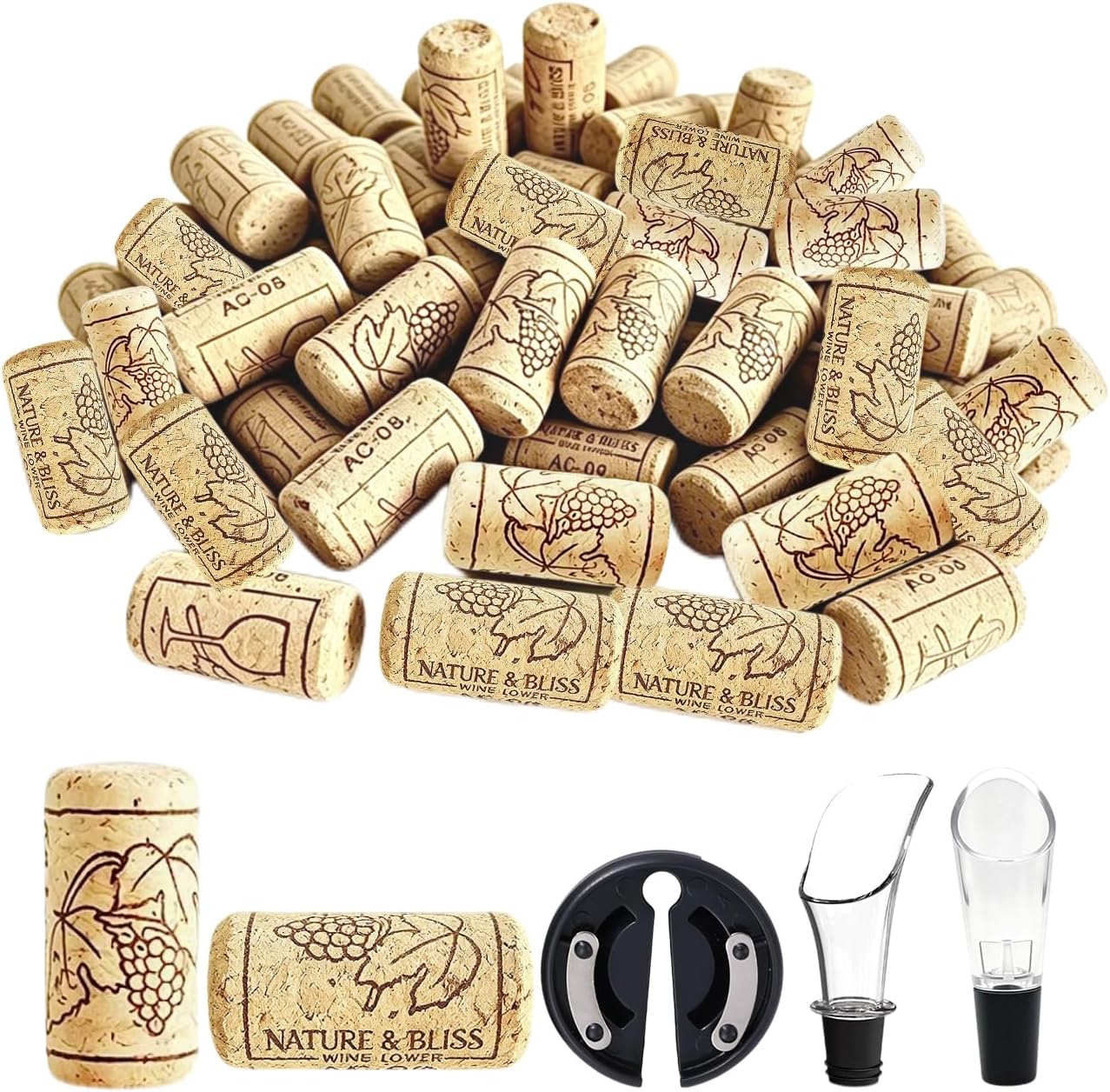 24 PCS Straight Wine Corks – #8 Natural Soft Wood Cork Stoppers (7/8" x 1-3/4"), Leakproof Bottle Corks for Wine, Beer, Crafting & DIY Decor（Wine Aerator Pourer *1+Wine Foil Cutter*1）