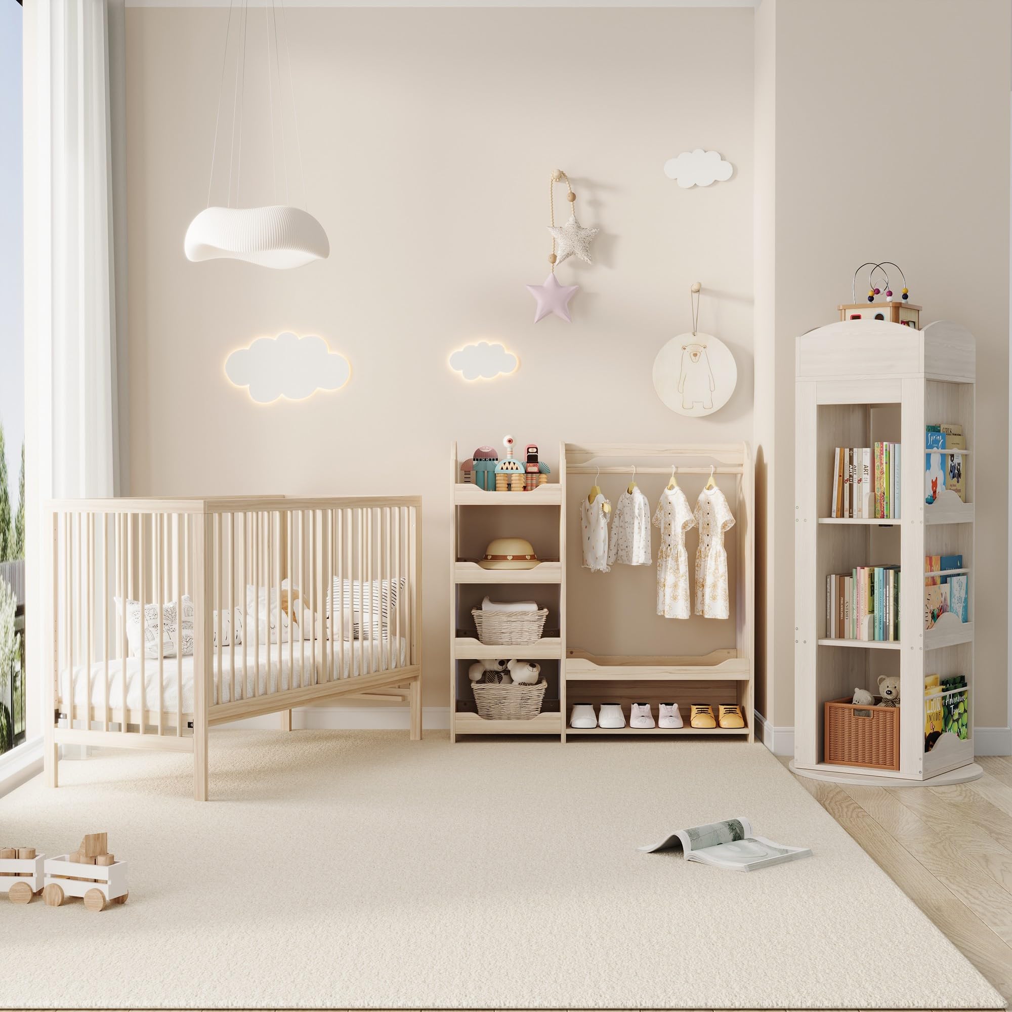 Garderoba dziecięca z drążkiem na ubrania i 4 półkami, naturalne drewno, MDF, 110 x 39 x 110 cm, do pokoju dziecięcego