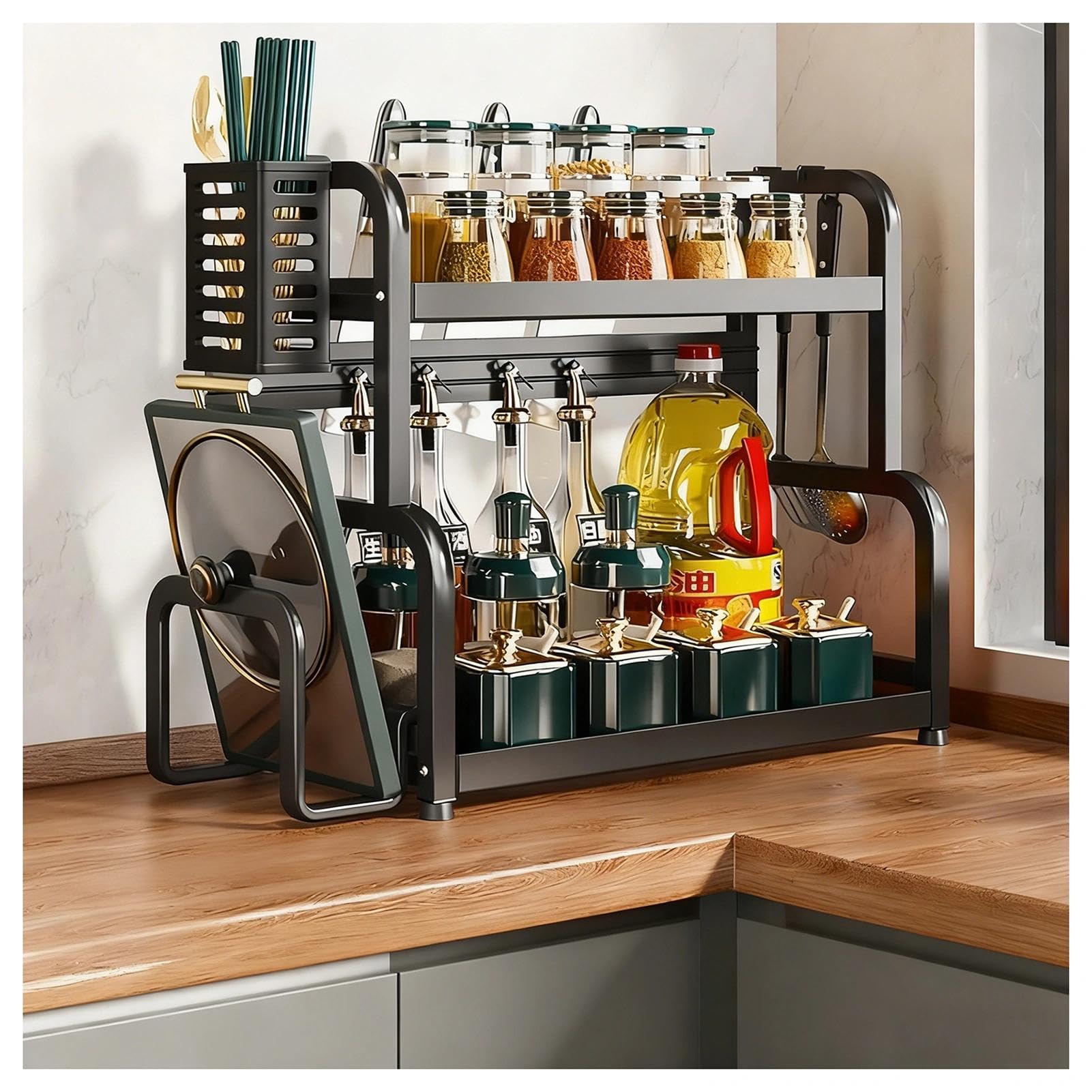 HADECOLL Sturdy Rust-Free Metal Spice Rack With Knife Holder, Freestanding Large Spice Tray With Hooks And Utensil Holder, For Kitchen Counter, Office, Living Room,Black-2 Tier-11.8in