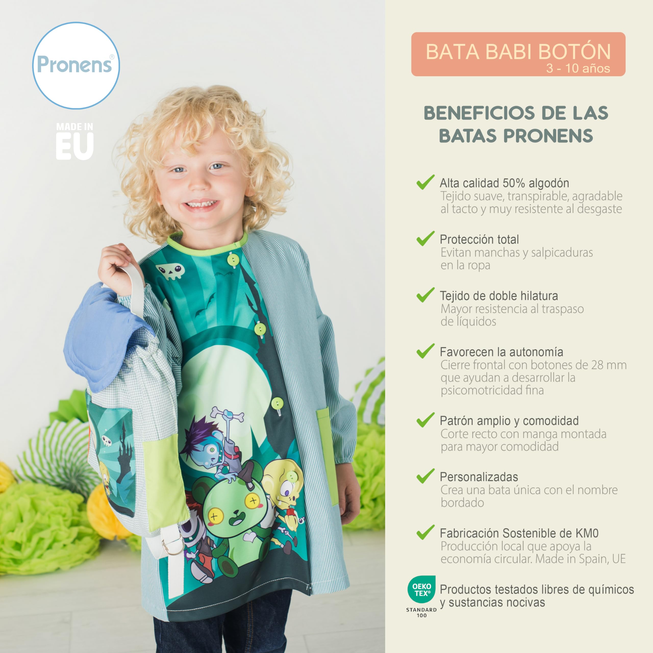 Bata escolar infantil. Babi niños para guardería y colegio- baby de cuadro vichy, botones y bolsillo. Nombre personalizable.