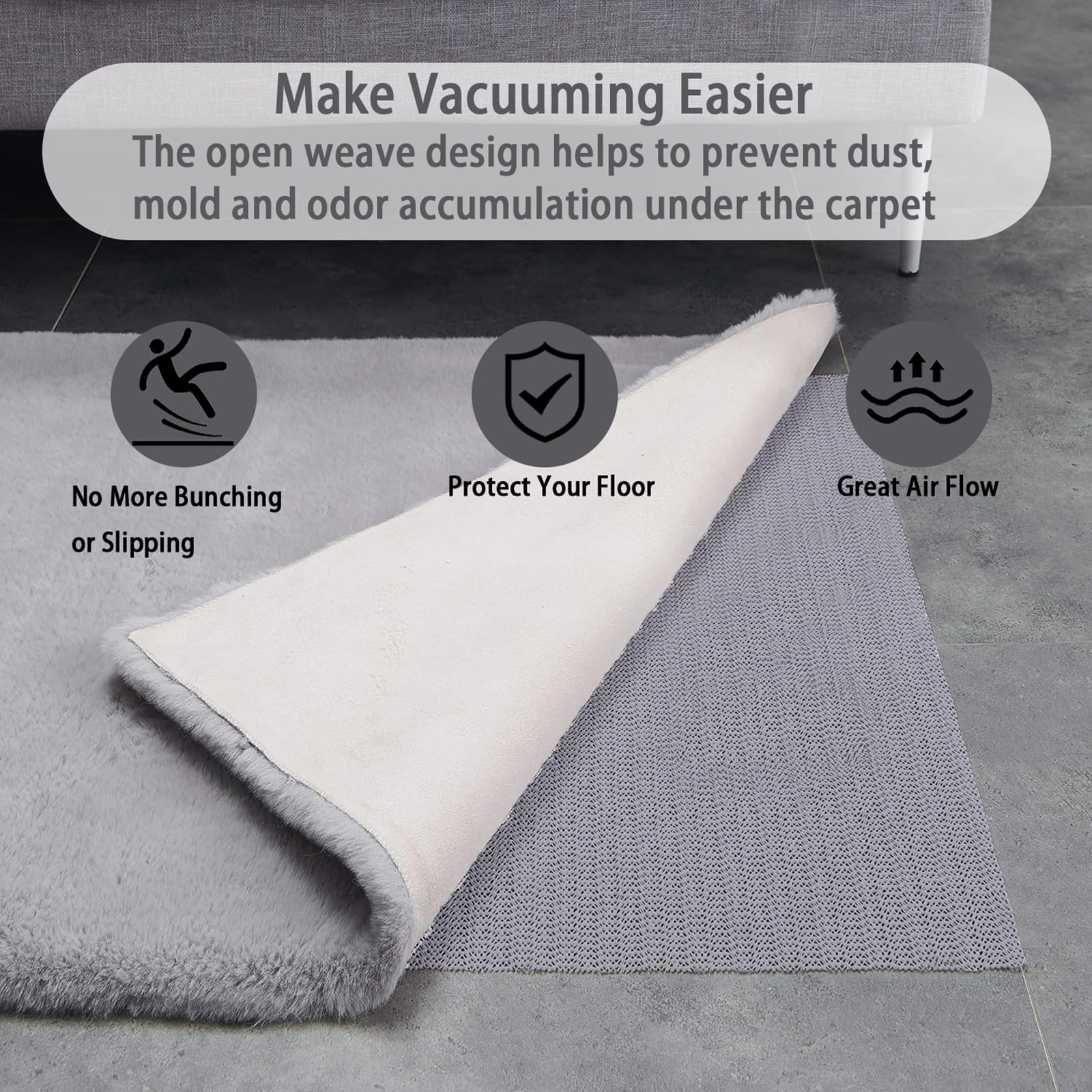 Anti Rutsch Teppichunterlage 200 x 230 cm Waschbare Und Wiederverwendbare, Universal Teppichunterlage/Teppich Antirutschmatte Universell Einsetzbar für Alle Böden, Grau