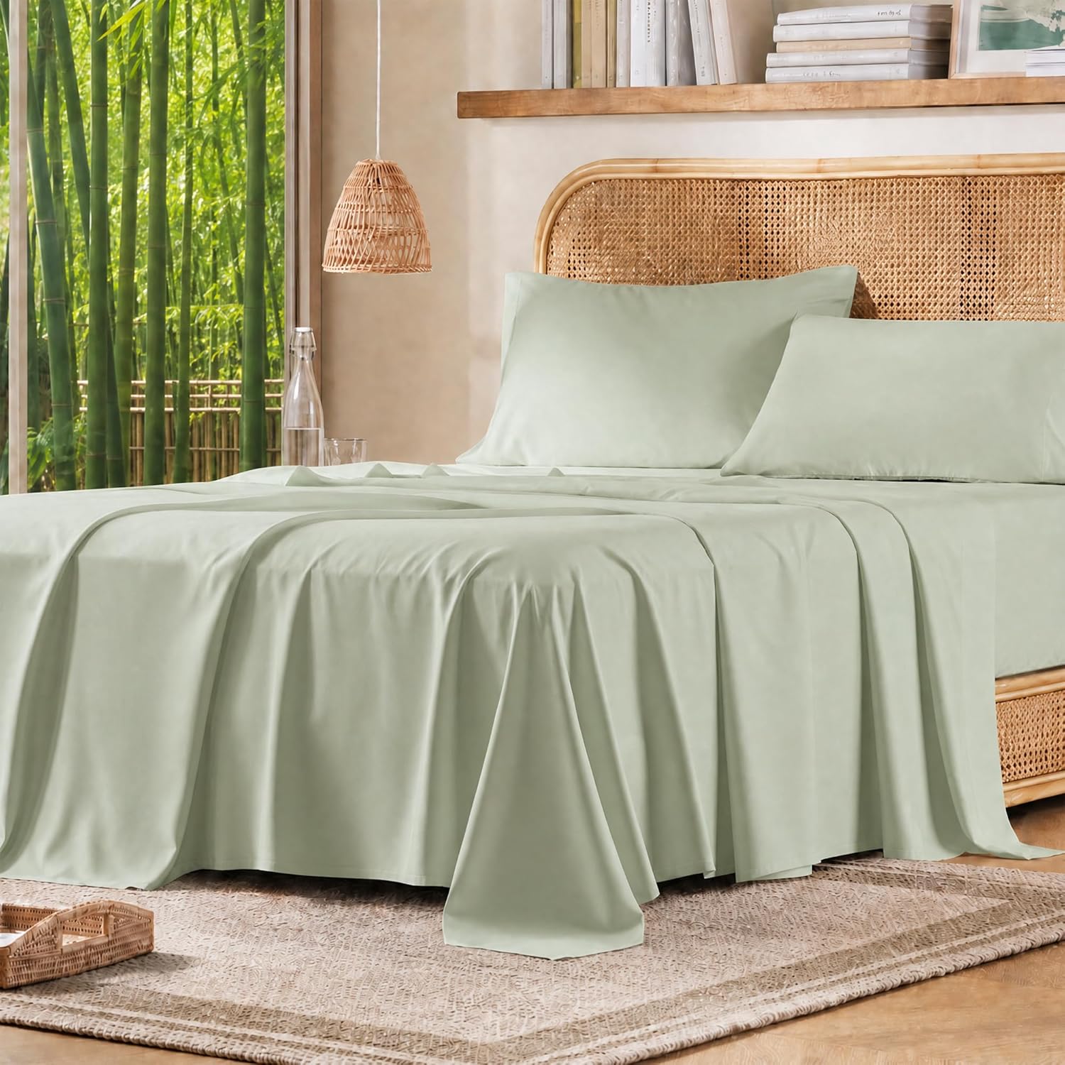 Comfort Spaces Queen Sheet Set 4pcs, Rayon Derived from Bamboo, Sage Green
