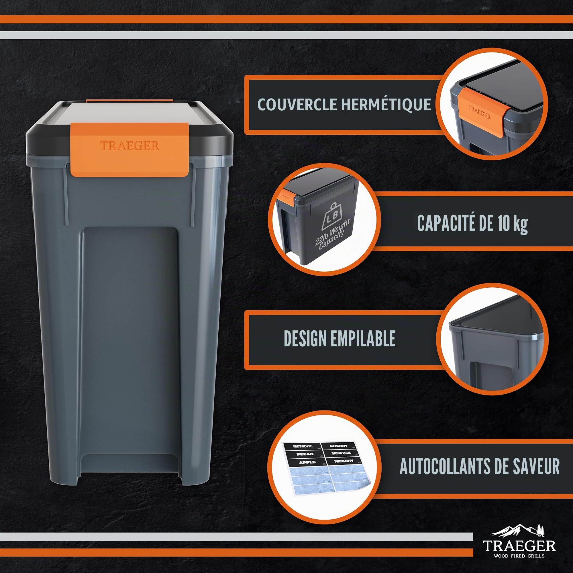 Traeger Pellet Grills BAC637 Stay Dry Poubelle à granulés de Bois avec Couvercle verrouillable Noir