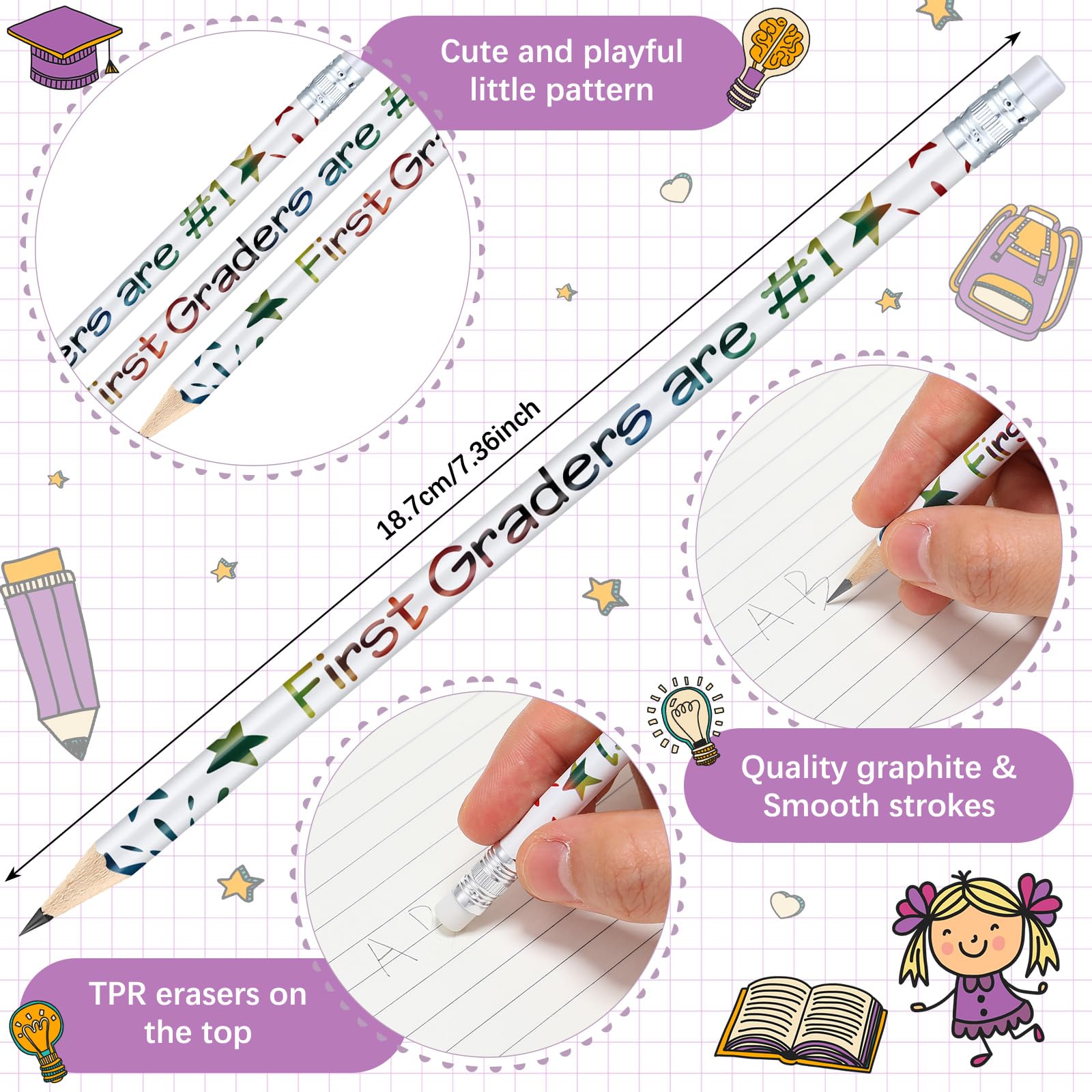 Tenceur Motivationsstifte für Erstklässler, niedliche Bleistifte mit Radiergummis und Schulbedarf, für Kinder, Studenten, Lehrer, Klassenzimmer, Belohnung, 24 Stück
