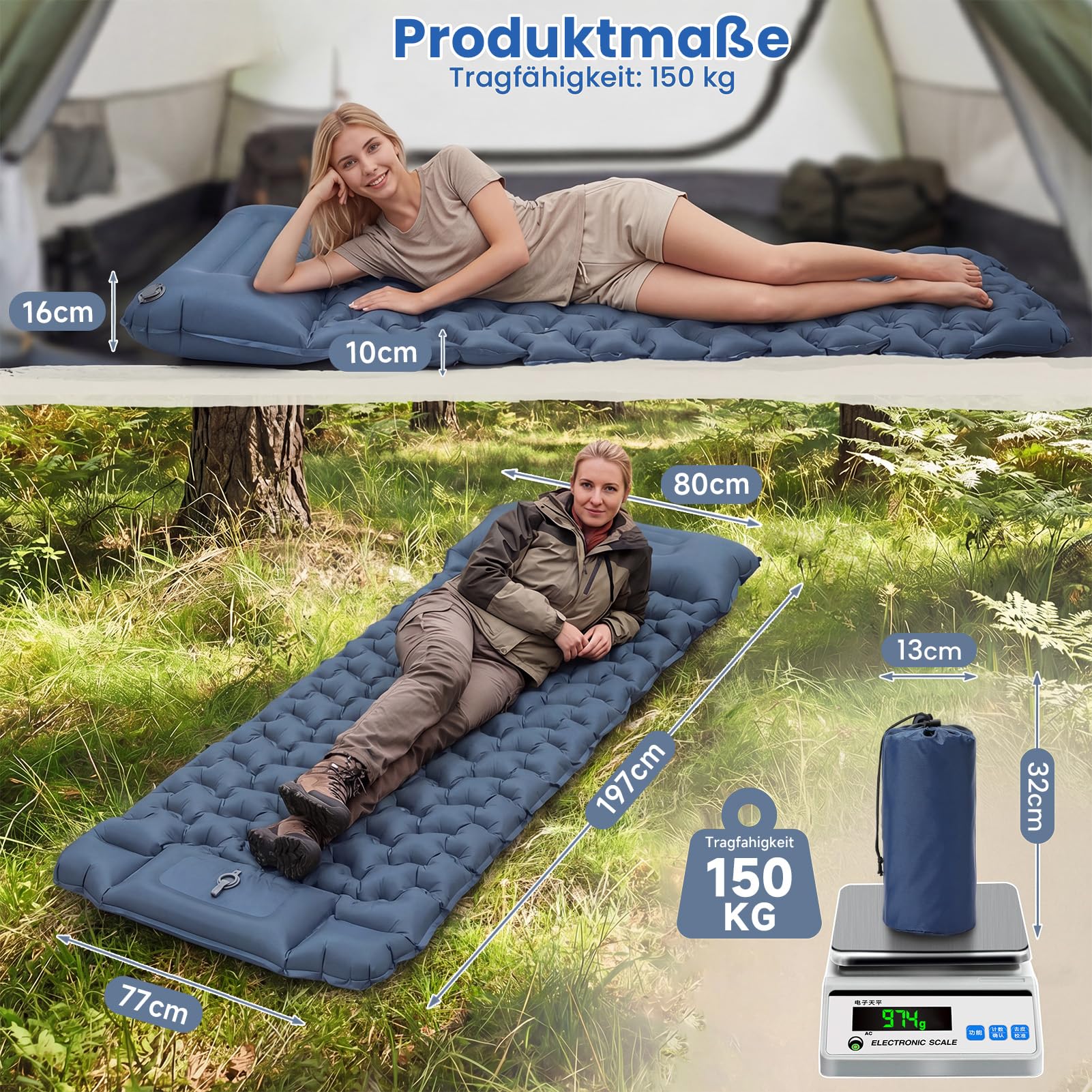 Materassino da campeggio oversize – Materasso gonfiabile ultraleggero extra largo e lungo 197 x 80 x 10 cm, con pompa a pedale e cuscino integrato in TPU 40D, piccolo ingombro per esterni e tenda (blu