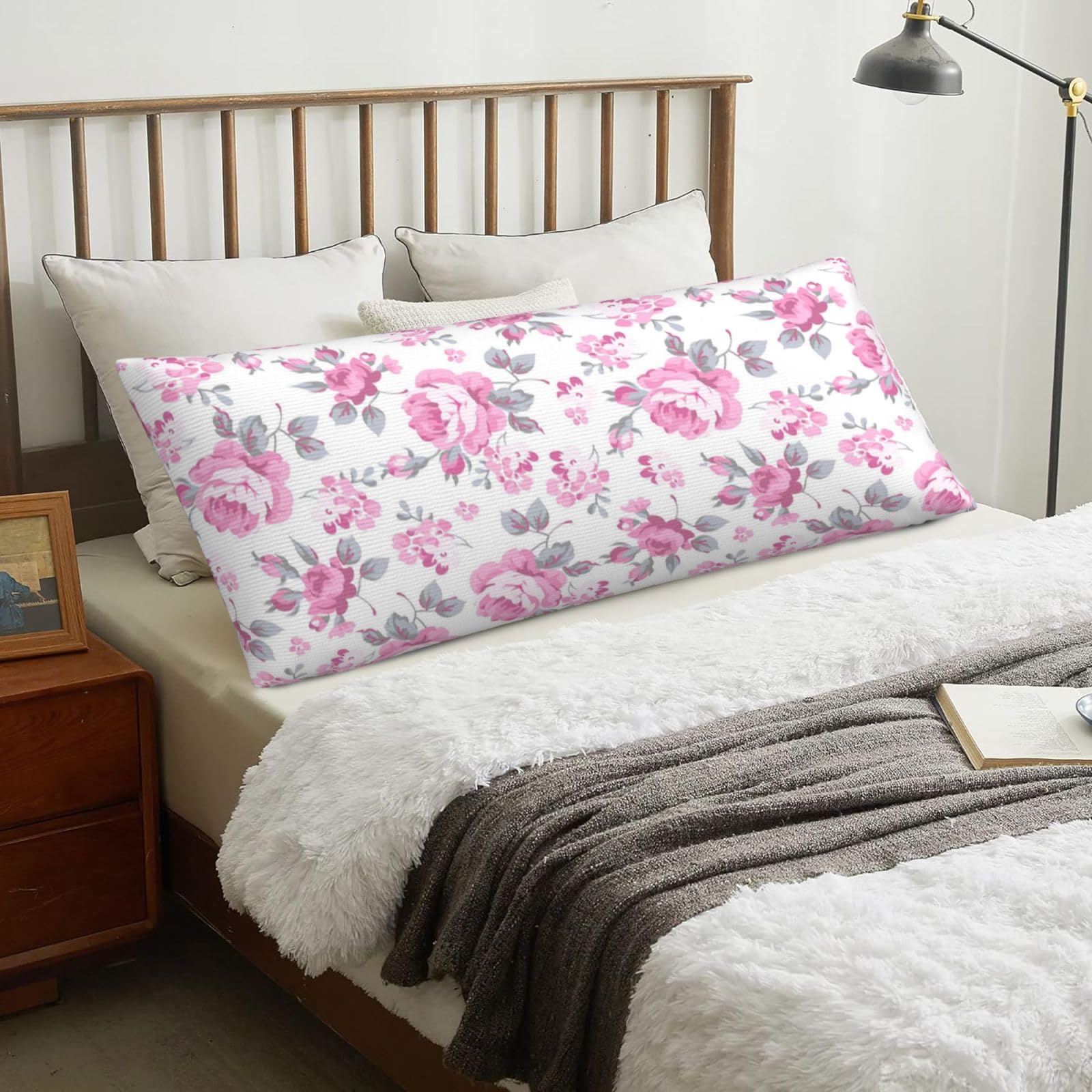 Shabby Chic Floral Pink Pattern Pale Roses White, Body Pillow Cover with Zipper,Long Body Pillowcase 20 x 60 in
