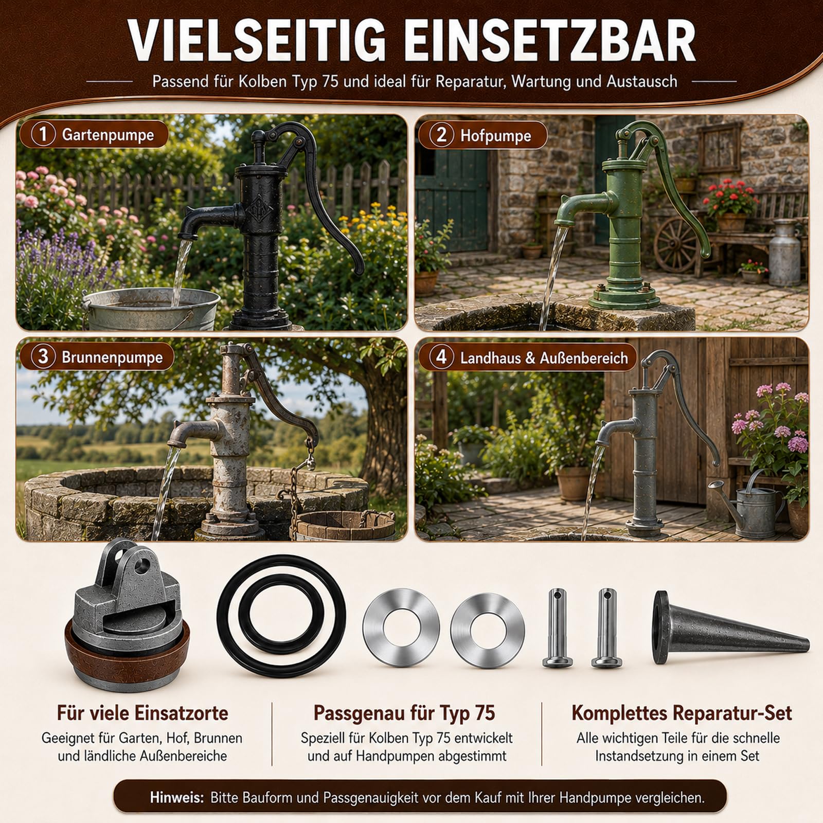 Ersatzteile für Schwengelpumpe Typ 75, Handschwengelpumpe Ersatzteile mit Ledermanschette Dichtungsring Nasenstechventil Bolzen Satz Kolben Komplett für Wasserpumpen Pumpendichtung, Gartenpumpe Baumarkt