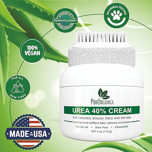 Miniatura 3 de PurOrganica Crema para pies con 40 urea con piedra pómez y cepillo removedor de callos hidrata y rehidrata la piel gruesa agrietada áspera muerta y