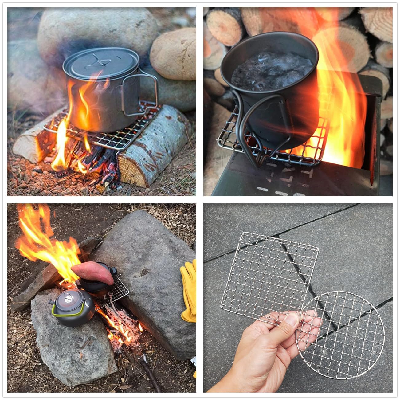 2Peices Backpacker Bushcraft Grill Grate Stainless Steel BBQ Cooking Grill Mesh Campfire Grill Square Round for Camping, Backpacking, Hunting Fishing