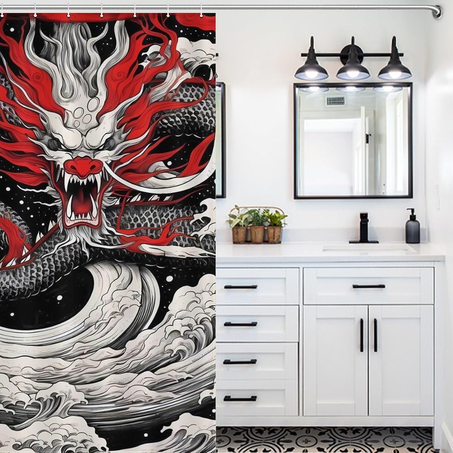 Japanese Style Dragon Wave Funny Shower Curtains Washable Bath Curtain Liner with Hooks for Bathroom Bath Tubs