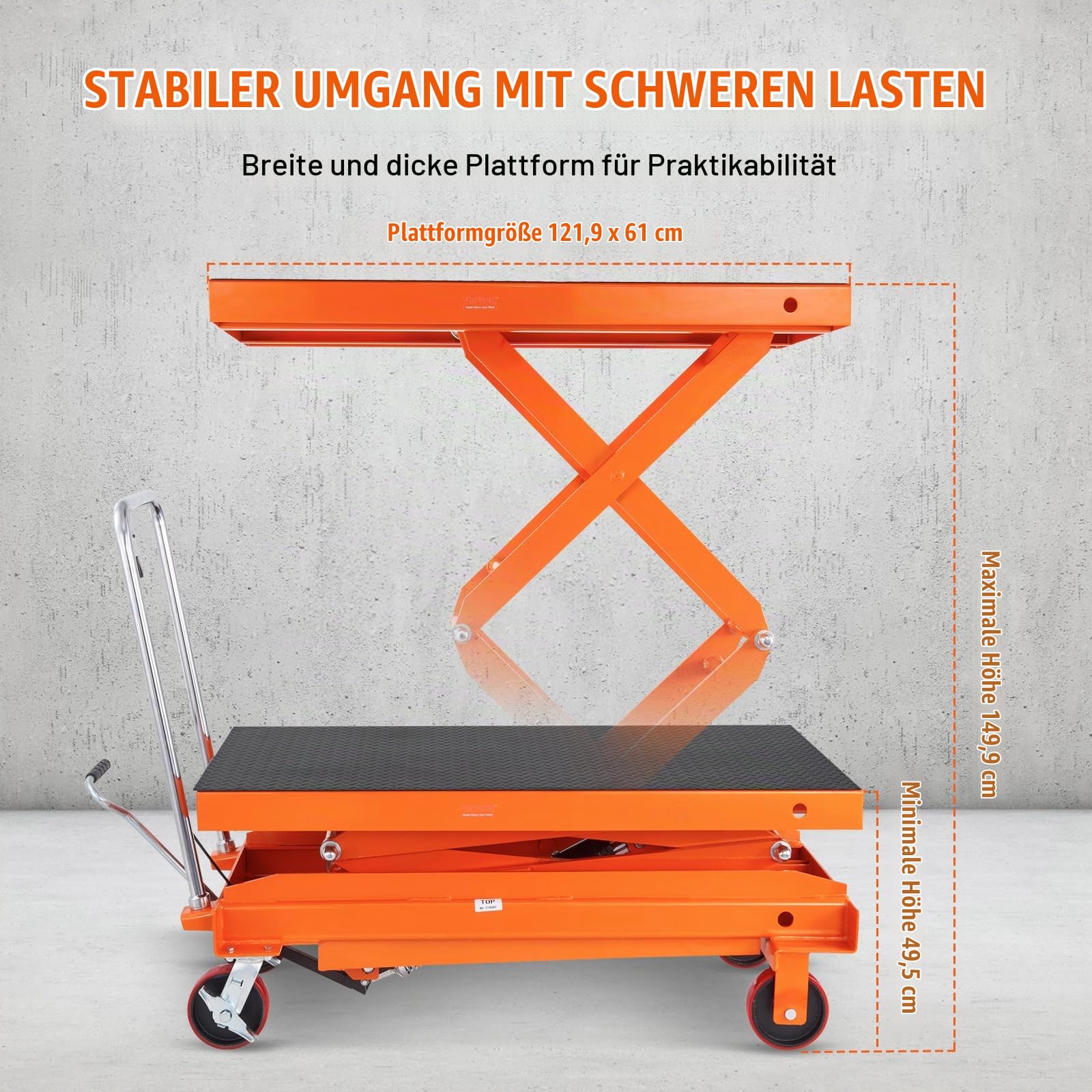 VEVOR hydraulischer Hubtischwagen, 1760 lbs Kapazität, 59" Hubhöhe, manueller Doppelscherenhubtisch mit 4 Rädern und rutschfester Unterlage, hydraulischer Scherenwagen für Materialhandhabung und Trans