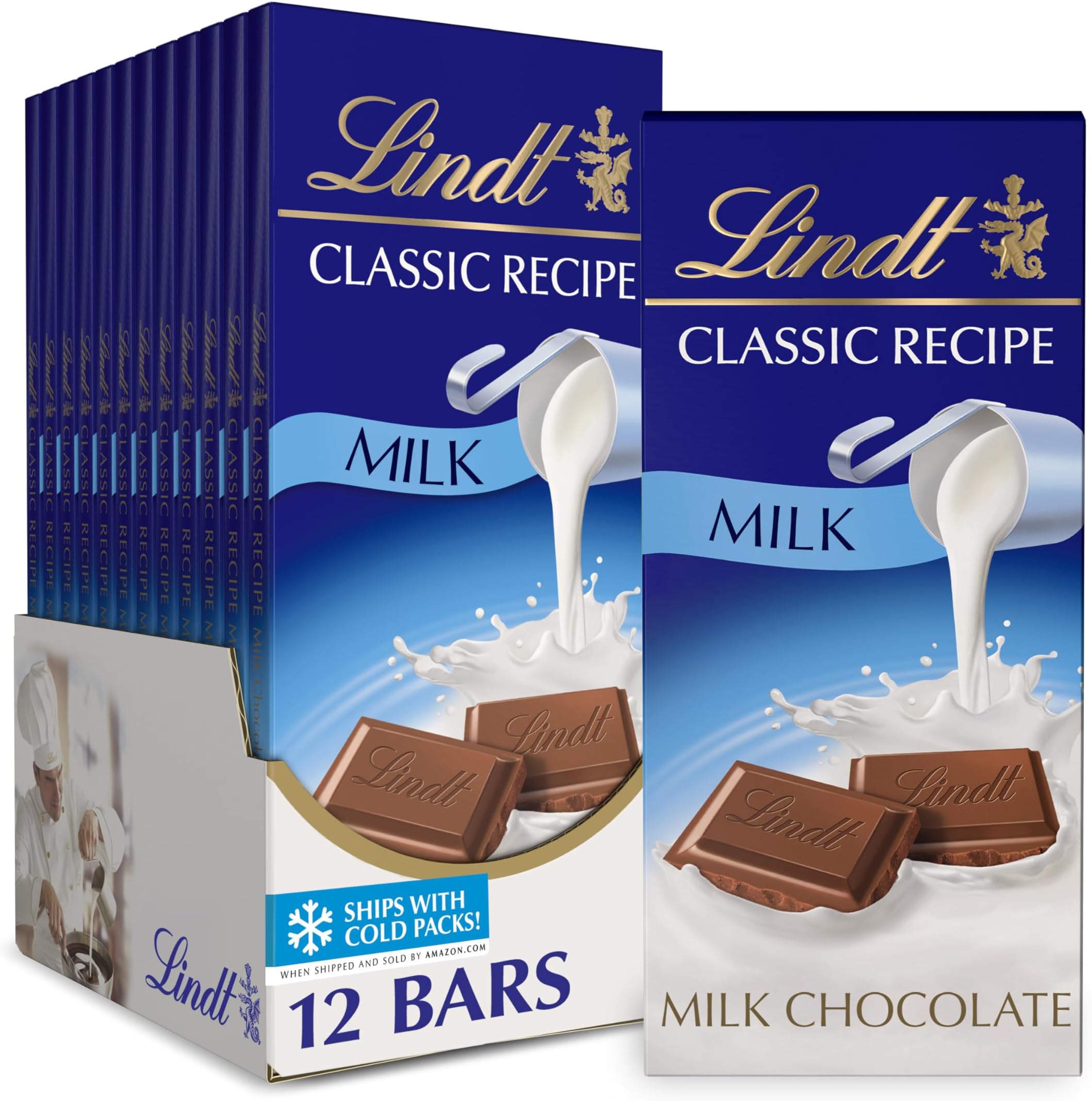 Lindt CLASSIC RECIPE Milk Chocolate Bar, Milk Chocolate Candy, 4.4 oz. (12 Pack)