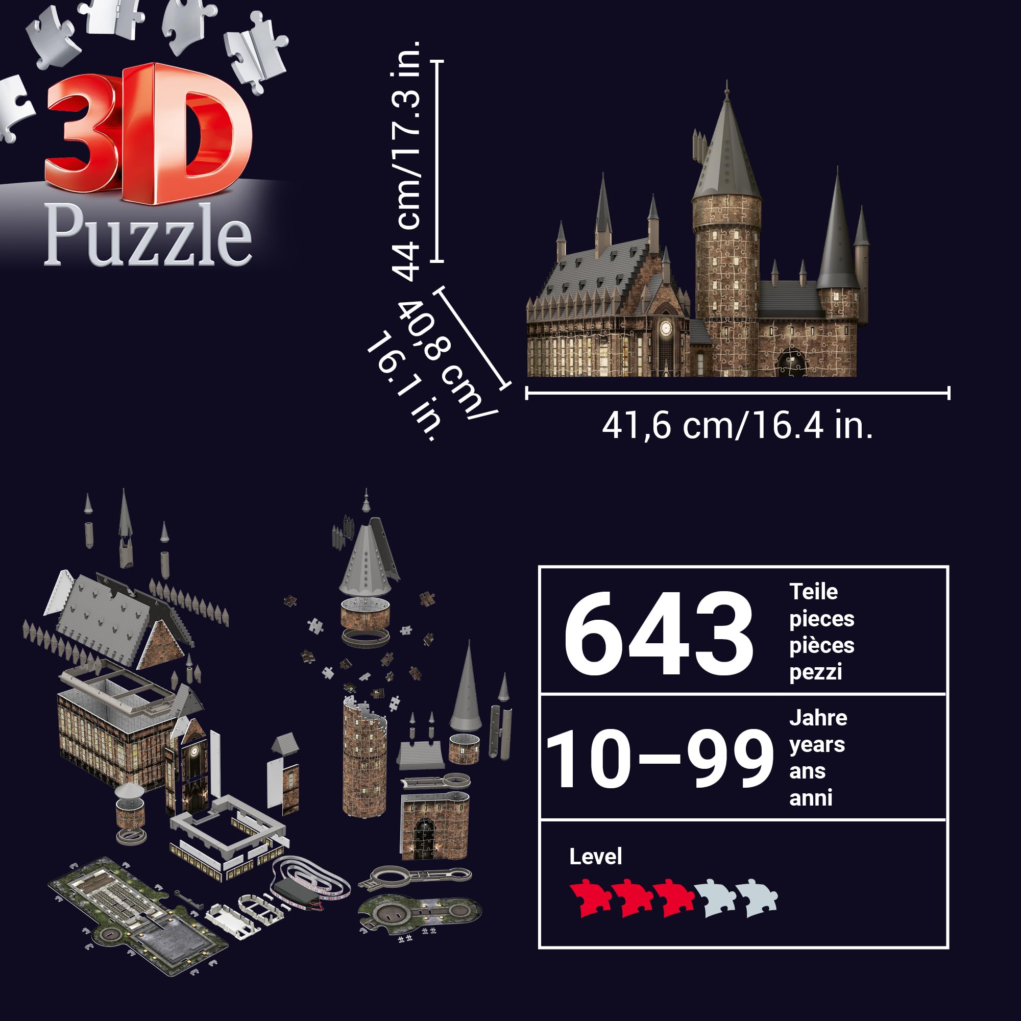Ravensburger 3D Puzzle 11550 - Harry Potter Hogwarts Schloss - Die Große Halle - Night Edition - die beleuchtete Great Hall des Hogwarts Castle für alle Harry Potter Fans ab 10 Jahren