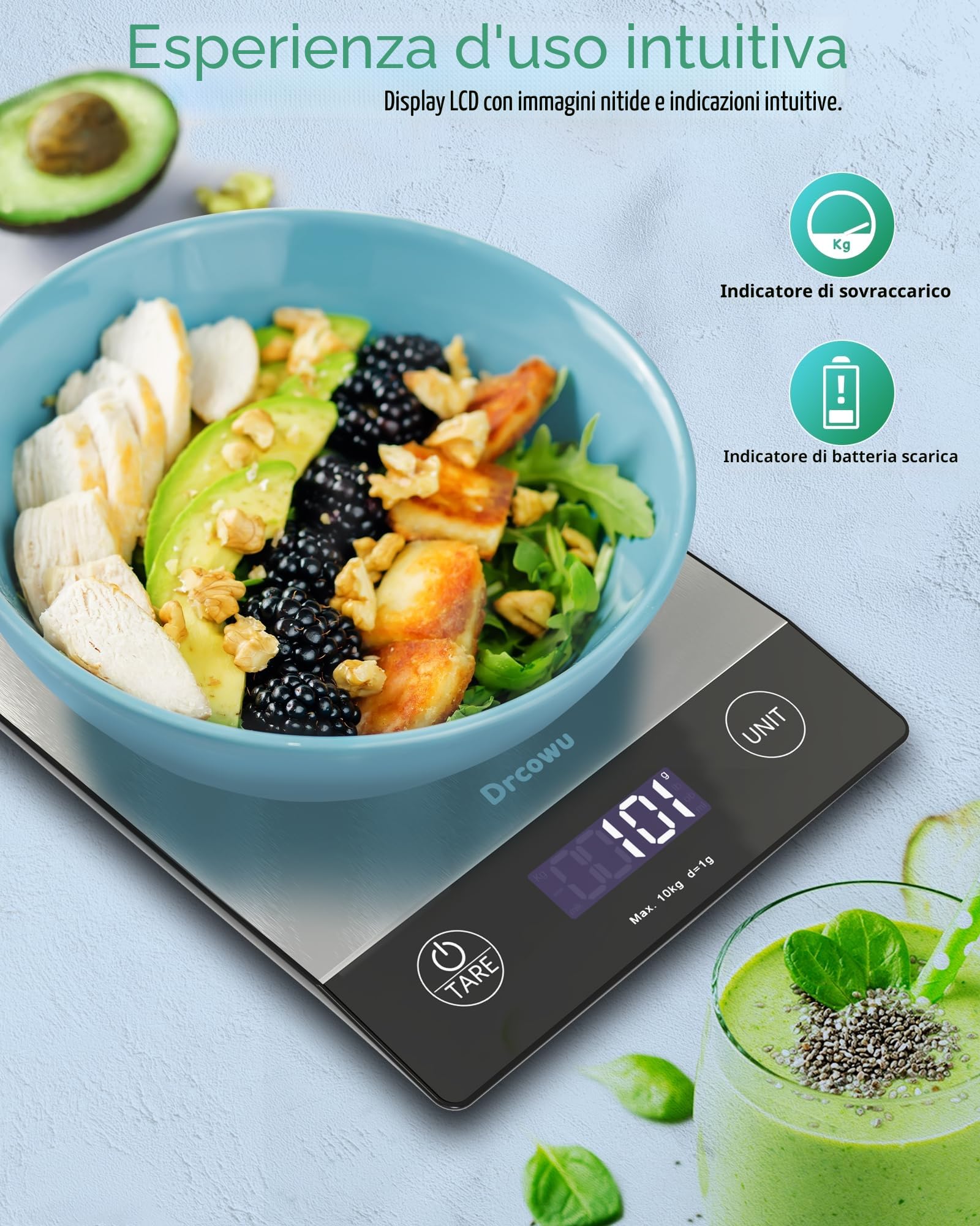 Bilancia Cucina Digitale, 10kg Bilancia da Cucina Professionale, Alta Precisione 1g/0,1oz Pesa Alimenti con Funzione Tare, Display LCD, 6 Unità, Facile da Leggere e da Usare