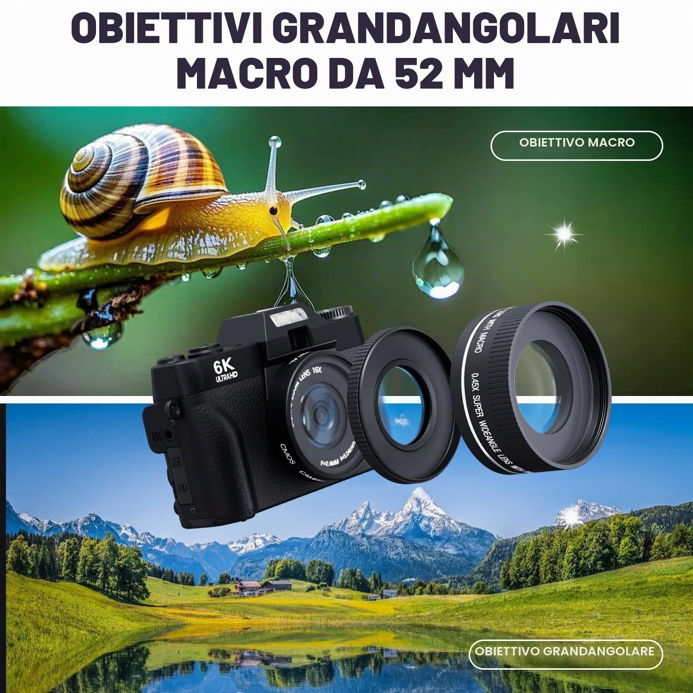 Fotocamera digitale 6K 64MP per Fotografia Vlogging Camera per YouTube, Flip Screen 180°, Zoom 16X Autofocus, Fotocamera compatta da viaggio per adolescenti, con obiettivo da 52 mm, 2 batterie, scheda