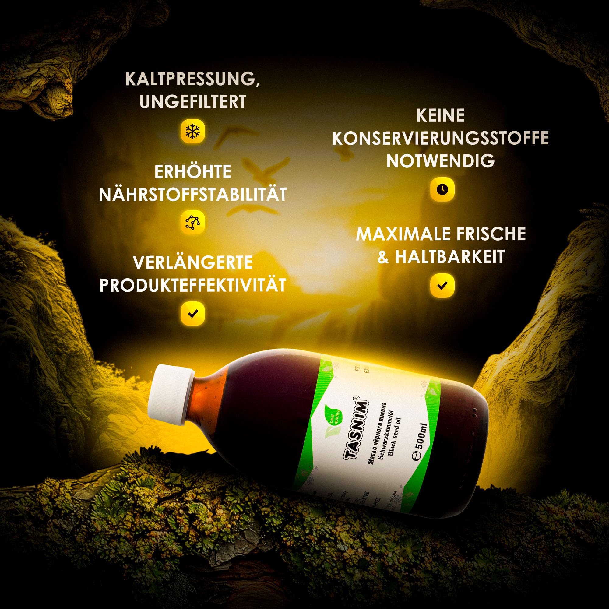 Schwarzkümmelöl Kaltgepresst 500ml, Ungefiltert, Hochwertig, Naturrein Ohne Zusatzstoffe, Äthiopisches Nigella Sativa Öl mit Hohem Thymoquinon, Mühlenfrisch, Vegan