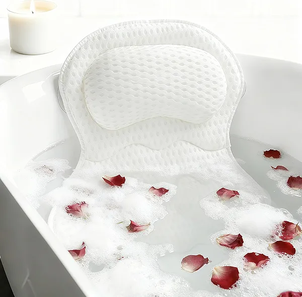 Bath Pillows for Tub Luxury, Bath Pillow for Head and Neck, Fit Bathtub Hot Tub Relaxing Gifts for Women, Comfort 4D Air Mesh Fabric & 6 Non-Slip Suction Cups (White)