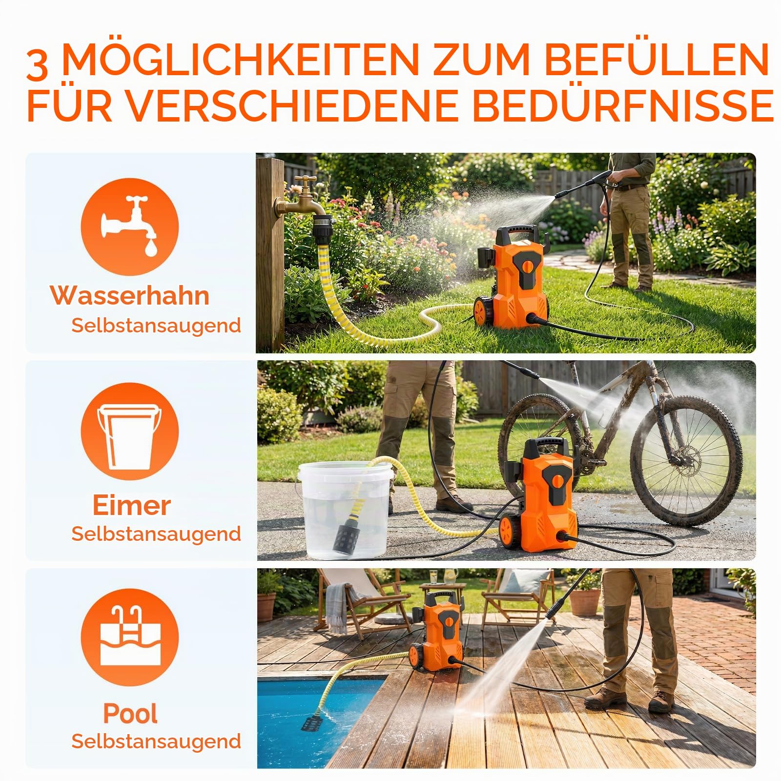 Hochdruckreiniger 140 Bar, 1600W Mobiler Hochdruck Wasserpistole, 420 l/h Fördermenge, mit Schaumkanone und Schlauchtrommel, Hochdruckpistole für Autos/Zäune/Garten/Patios
