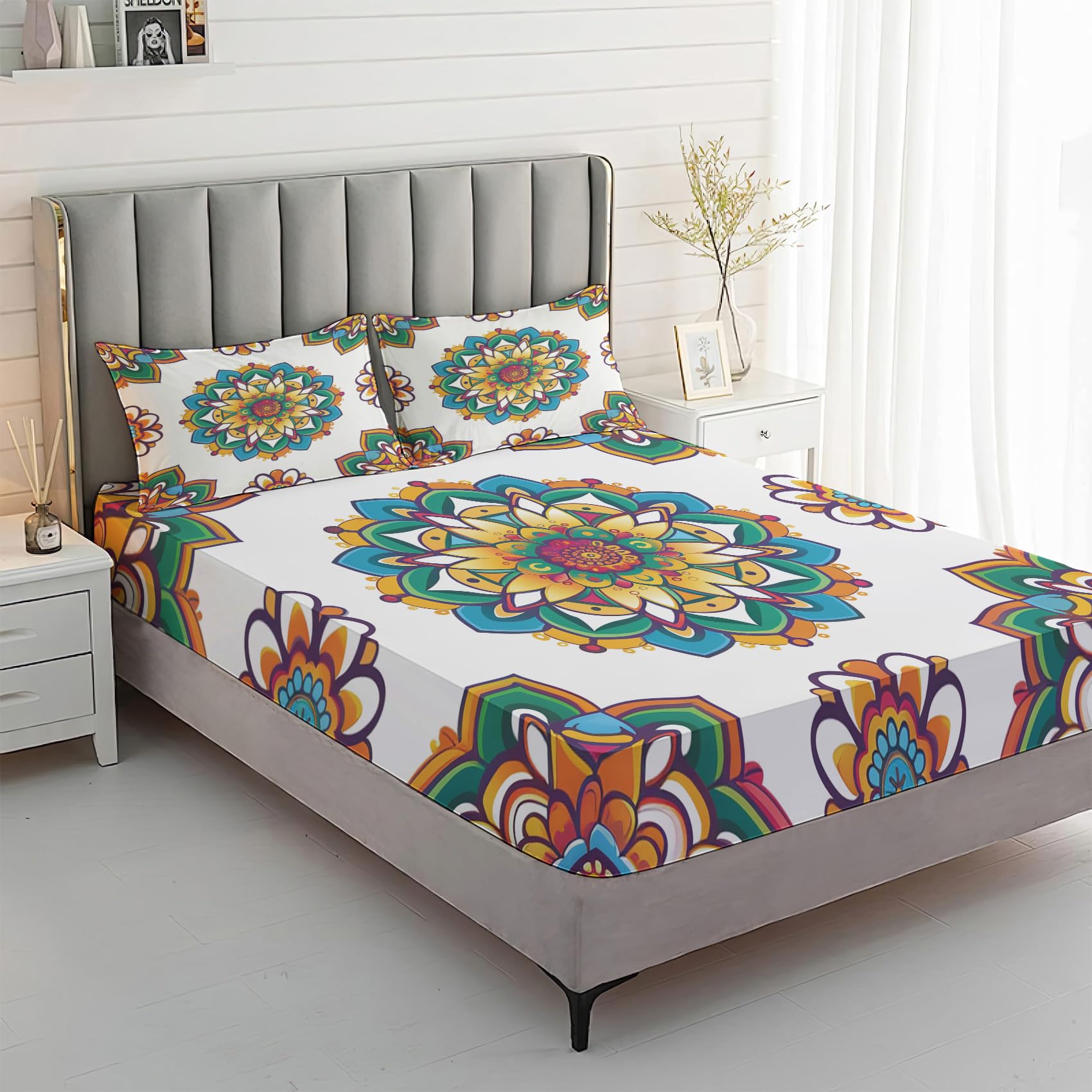 Zvynqour Mandala Bed Sheets Twin Size - Boho Sheet Set - Deep Pocket Fitted Sheets & Flat Sheet & Pillowcases 3 Piece - Bohemian Lotus Bedding & Decor - Soft Brushed Microfibe