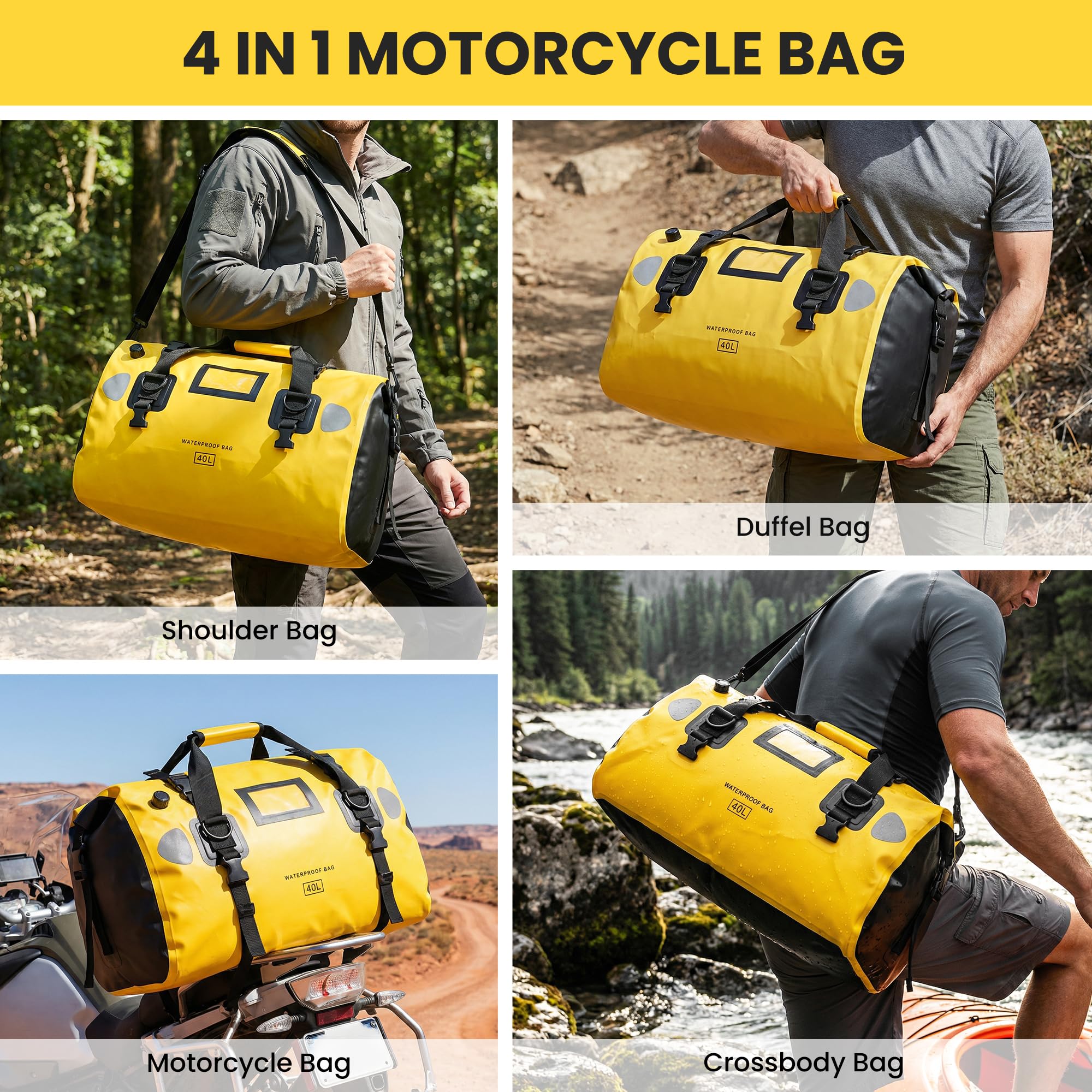 HOMIEE Motorrad Hecktasche 40L wasserdichte Motorradtasche Gepäckrolle Große Hecktasche mit Schnellverschlussgurten für Touring Camping Motorradfahren Radfahren Wassersport (Gelb)