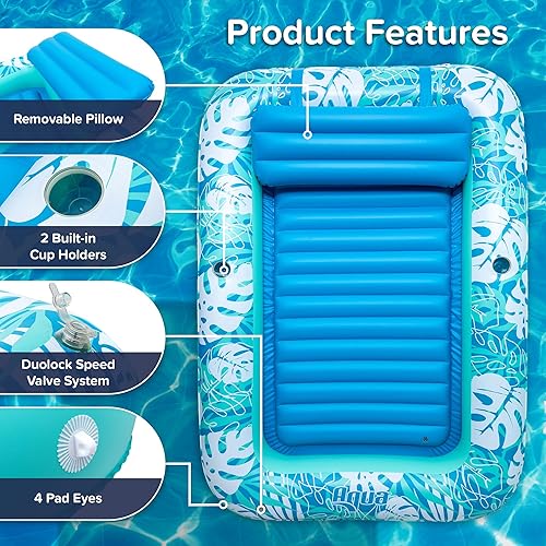Miniatura 4 de Aqua Inflatable Tanning Pool Lounger, Premium Pool Float with Cupholders and Removeable Pillow for Relaxation and Fun