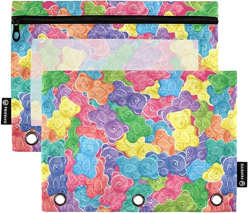 Coloridos caramelos de jalea dulces de gomita de 3 anillas, estuche de lápices de plástico transparente impermeable con cremallera, organizador de