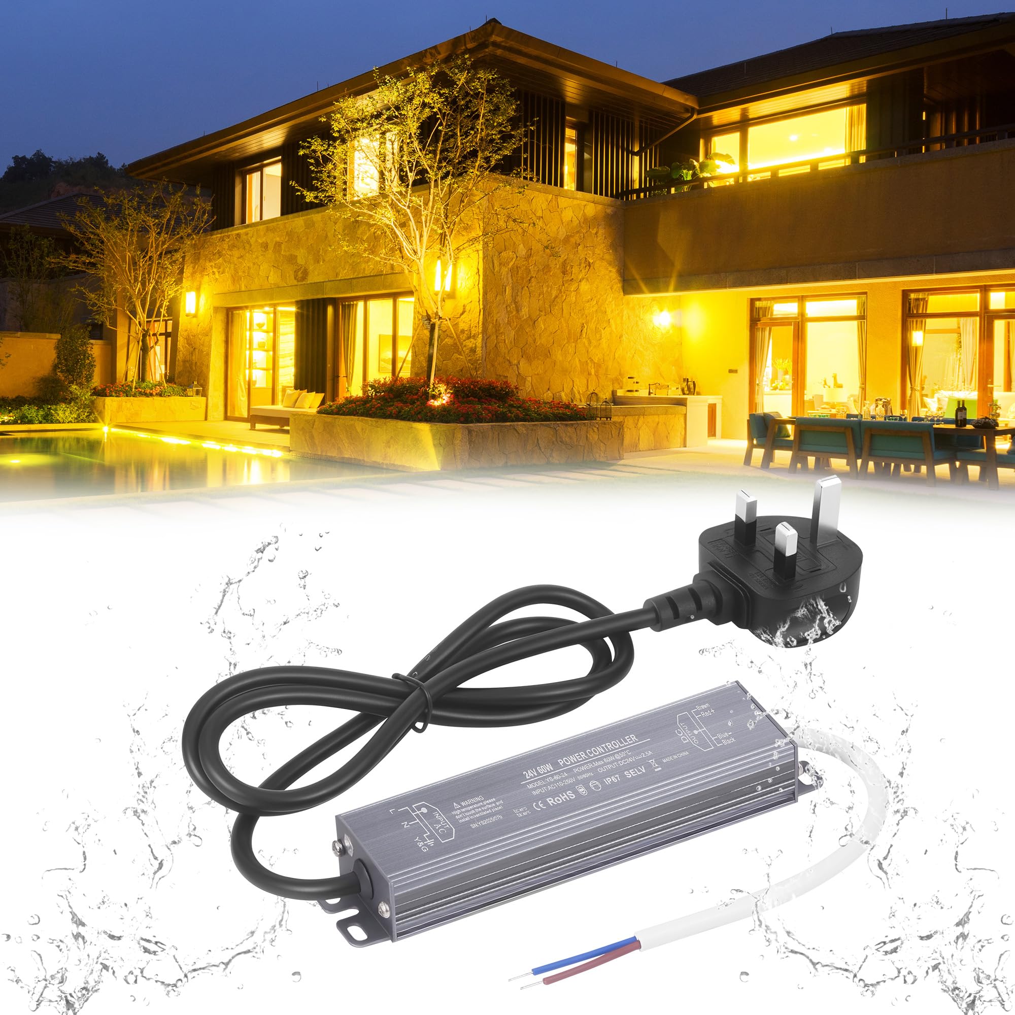 Kssvzz 24V 2.5A 60W LED Driver Lighting With Plug, IP67 Waterproof Outdoor Transformer, Constant Voltage LED Power Supply, AC 100V~240V to DC 24V Transformer for Strip, Indoor and Outdoor