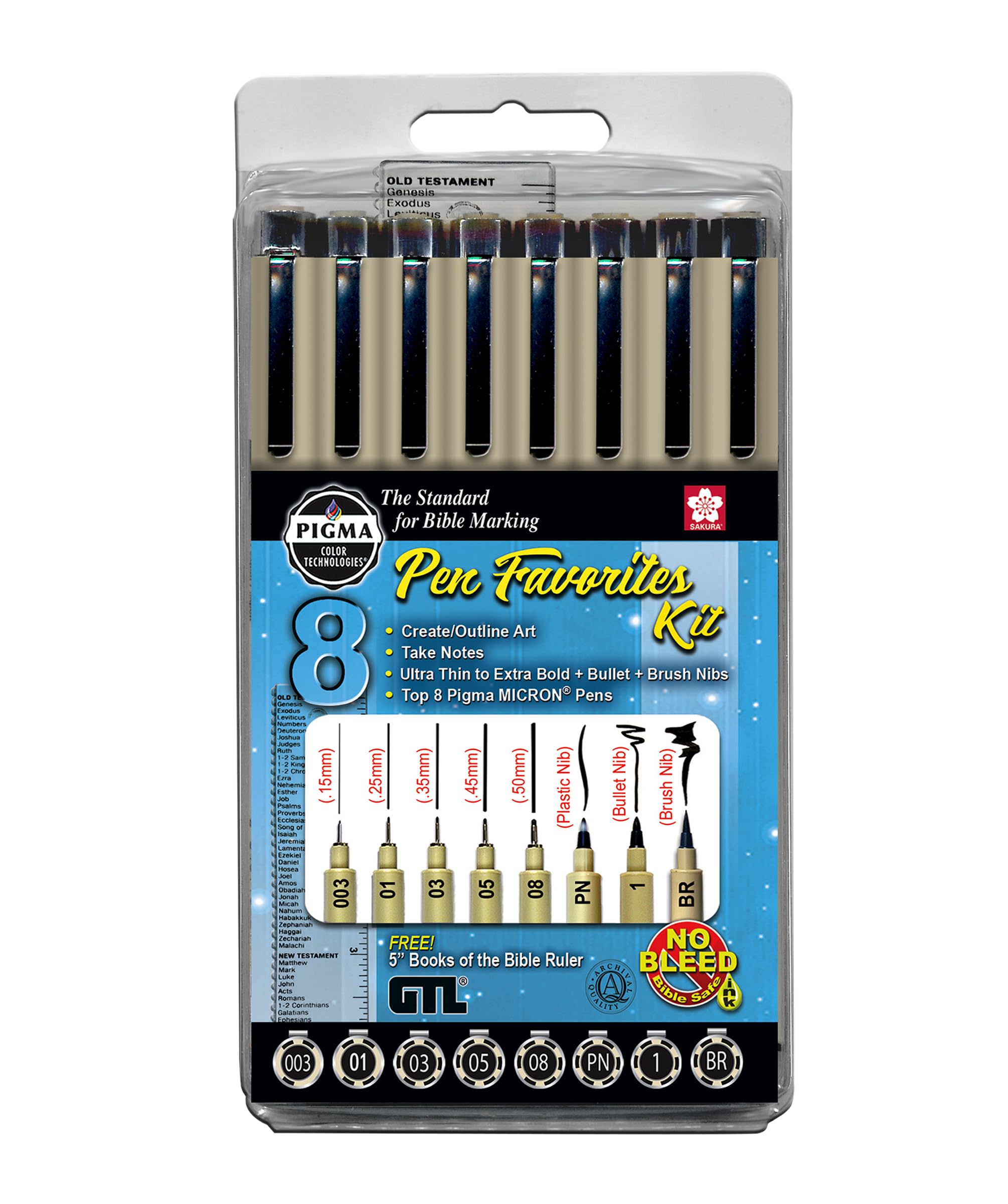 Pigma Micron Pen Favorites Kit #8 - Set of 8 (003/01/03/05/08/PN/1/Brush), Black