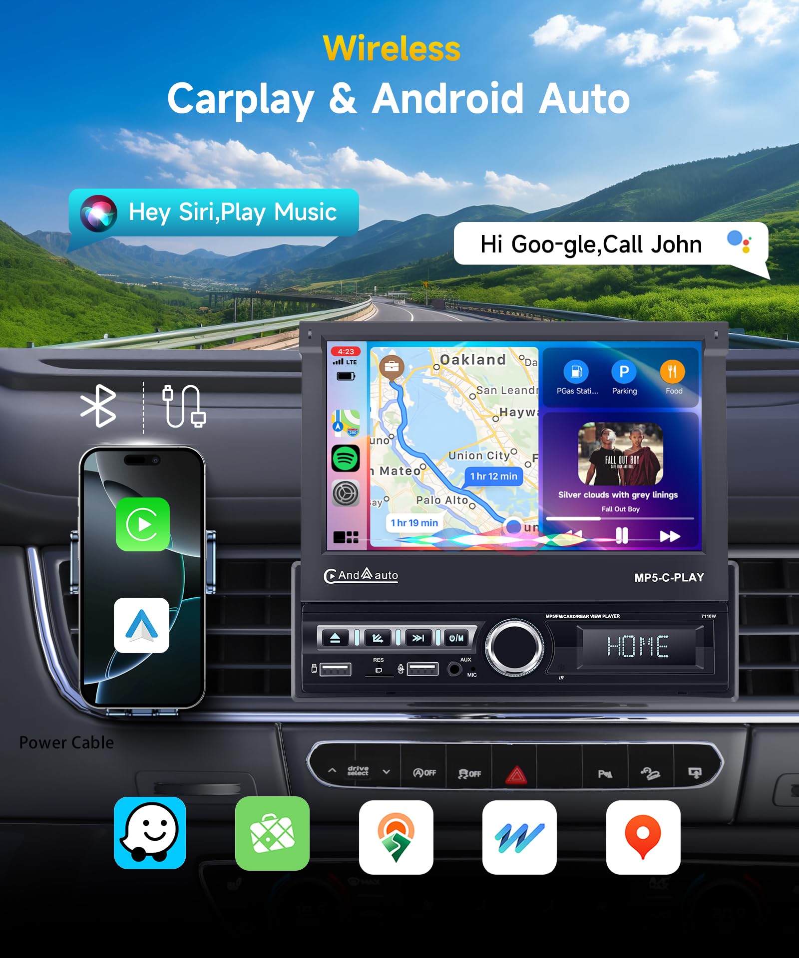 VECHTEL Radio para Coche 1 DIN Carplay Android Auto Inalámbrico con Pantalla retráctil eléctrica 7“,Radio FM 1 DIN con Bluetooth,GPS/Navegación,Mirror Link 2 USB/AUX/SD con cámara de visión Trasera