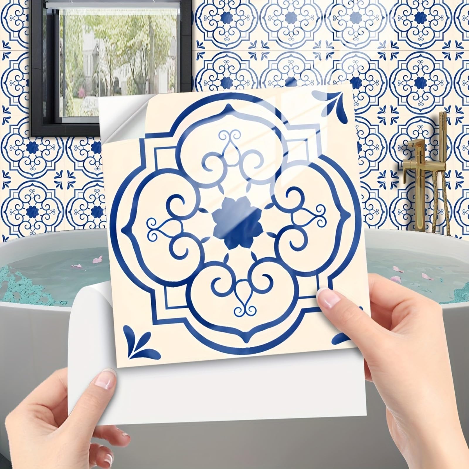 Retro Tile Stickers 10/15/20/30cm, 10Pcs Self-Adhesive Moroccan Wall Tiles, Waterproof Peel & Stick Vinyl for Kitchen Splashback Bathroom Floor Stairs (10x10cm-10pcs,FMB-673)