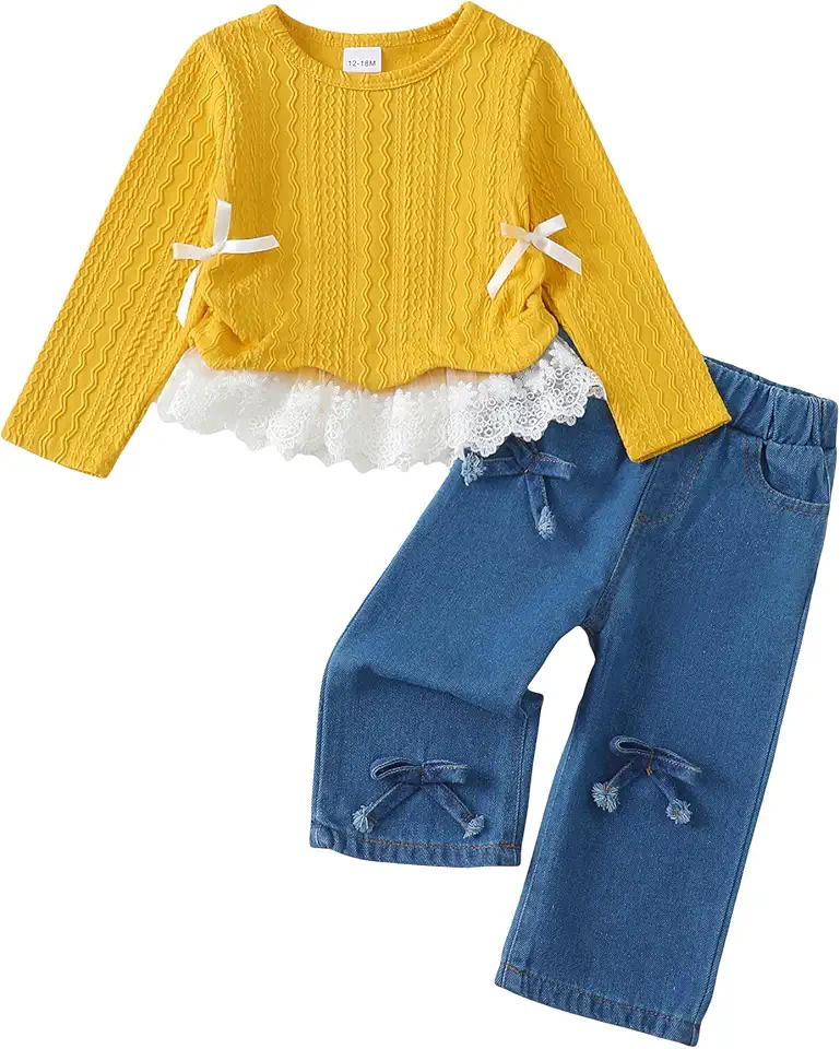 Kucnuzki Toddler Kids Girl Clothes Long Sleeve Shirt Tops Baggy Jeans Cute Pants Set Baby Girl Outfit 2 Piece Clothing