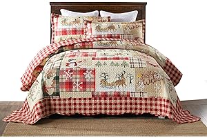 MarCielo Christmas Quilted Rustic Deer Bedding Set for Winter Holiday Decoration