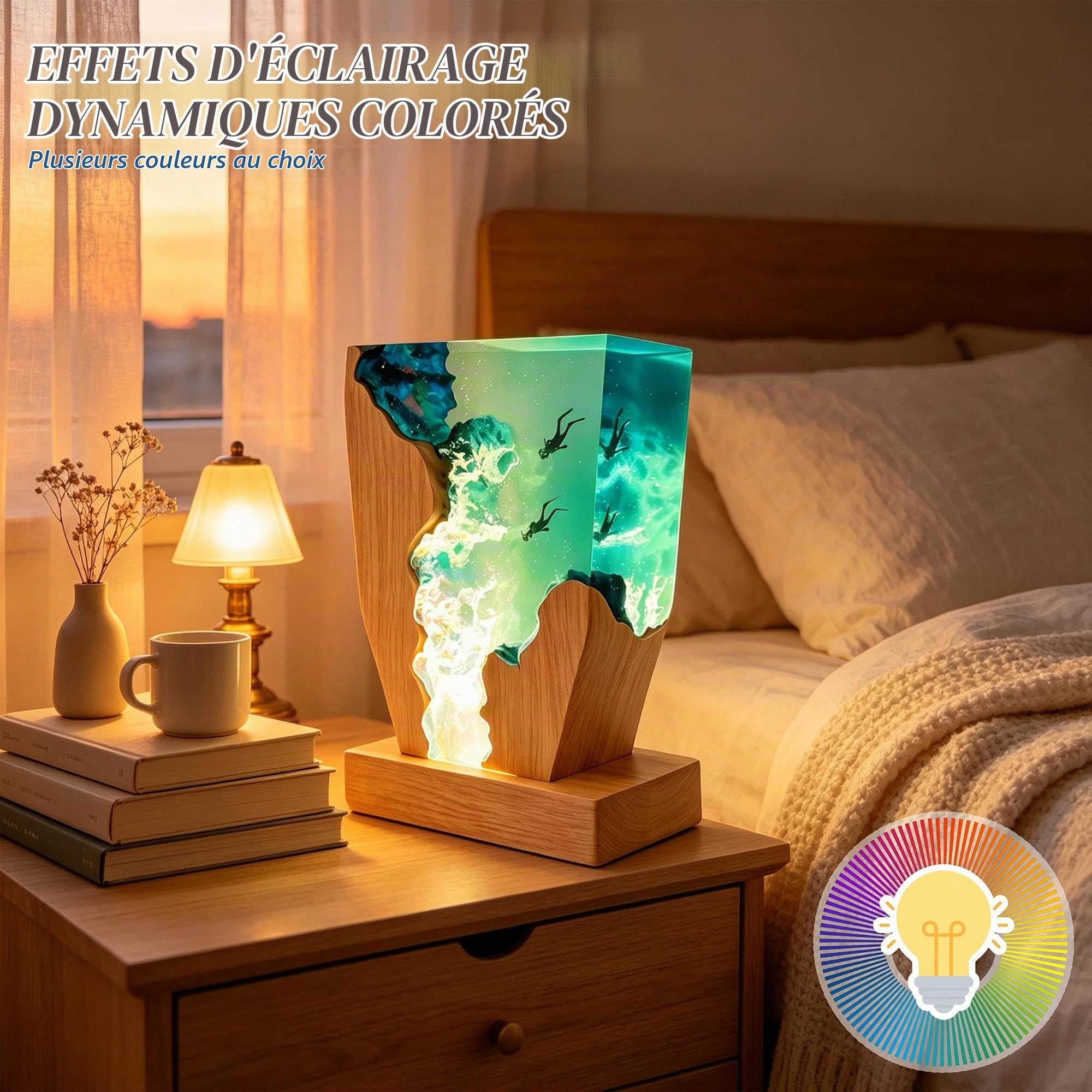Lampe résine, thème marin, avec socle bois, LED, 22x17cm, pour décoration | Sous-marin; pour salon et chambre; cadeau.