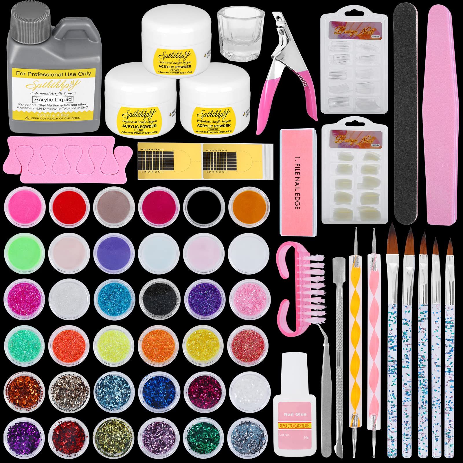 SPTHTHHPY Acrylic Nail kit with 120ML Acrylic Liquid, 3 Colors Pink Nude Clear Nail Powder and 36 Glitter Nail Tips, Nail Art Set DIY Decoration Tools for Beginners