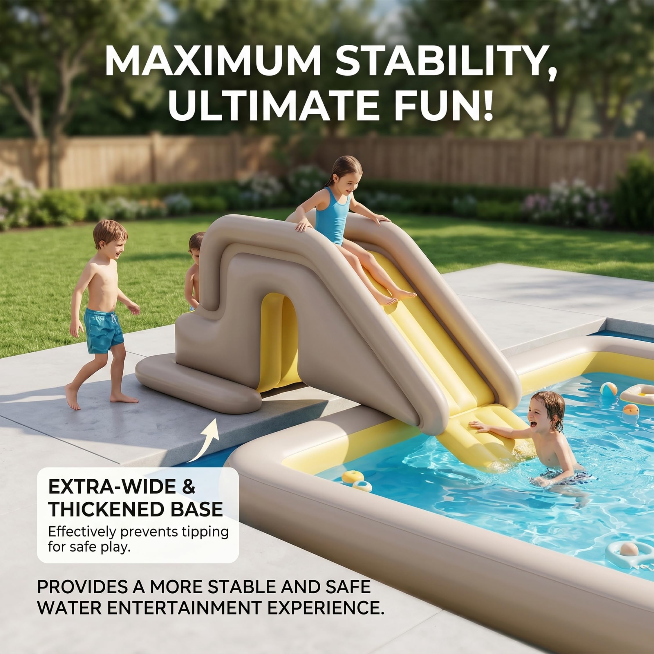 Toboggan de piscine gonflable, toboggan de piscine, ponton gonflable avec large base d'eau – Installation facile en PVC intérieur/extérieur pour enfants et adultes (kaki, comprend une pompe à pied)