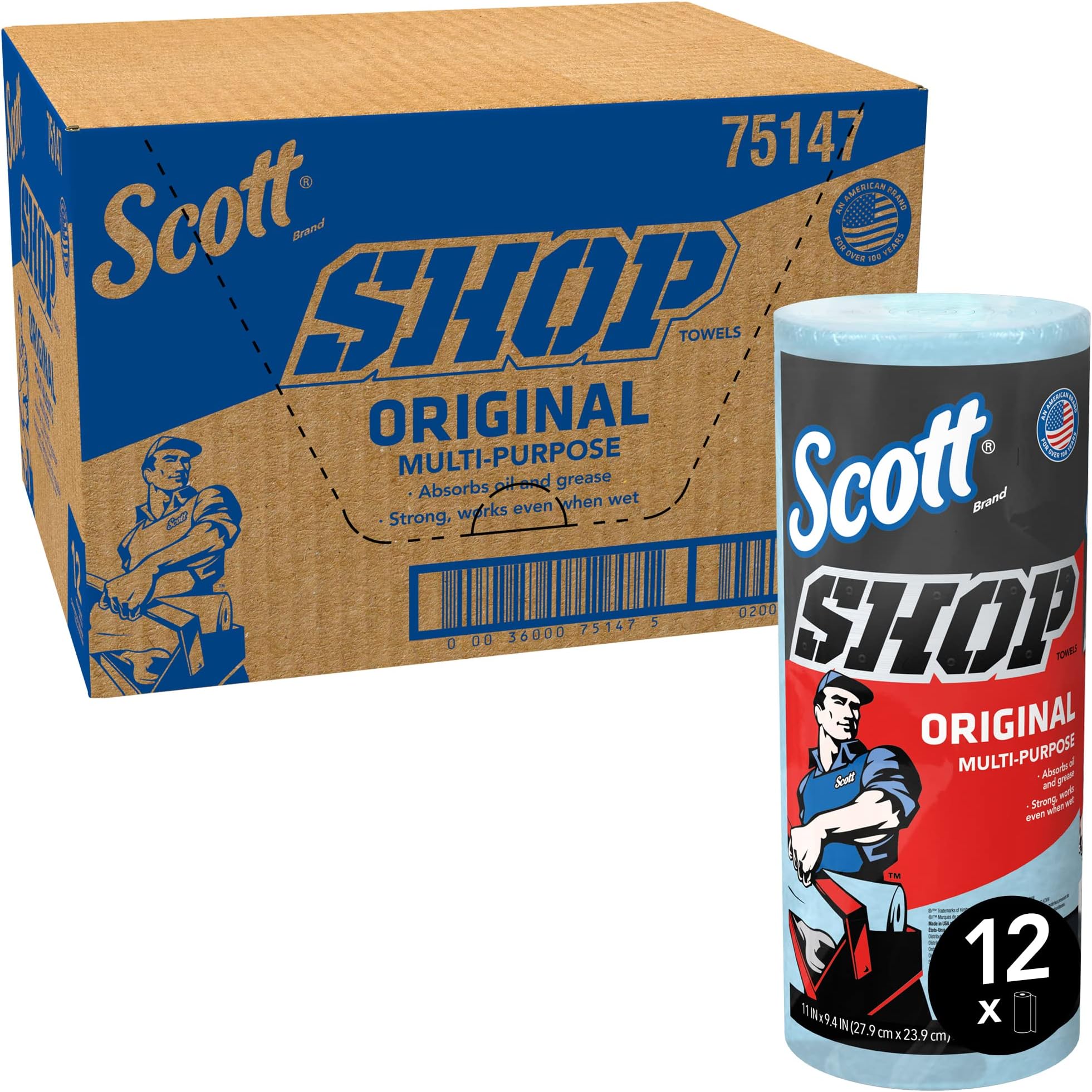 Scott Shop Towels Original, Heavy-Duty Blue Disposable Towels, Ultra-Strong, Ideal for Automotive & Industrial Cleaning, 12 Packs x 1 Roll x 55 Sheets (660 Towels Total), Model Nr. 75147