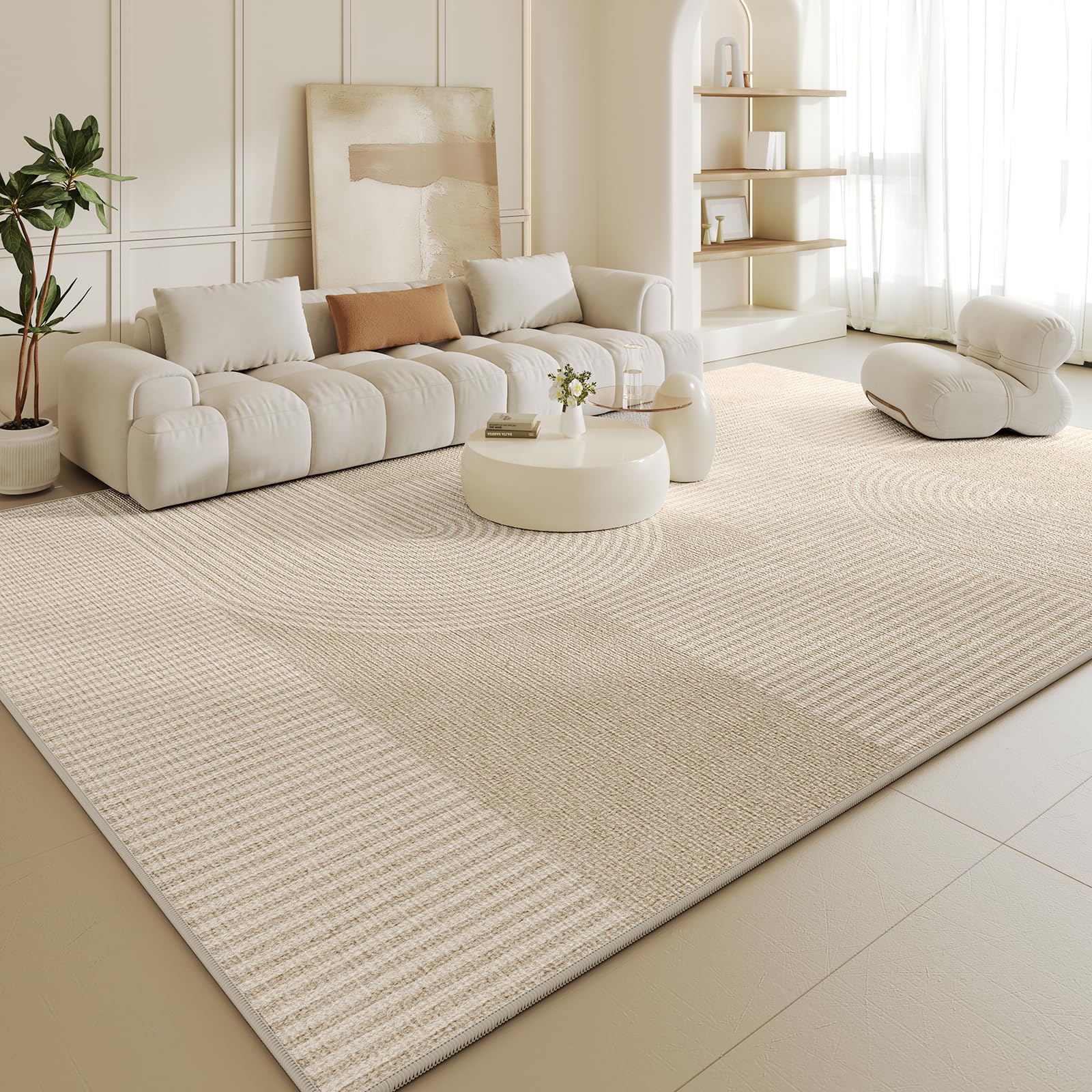 Tapis de sol salon moderne aux lignes géométriques blanc beige chic