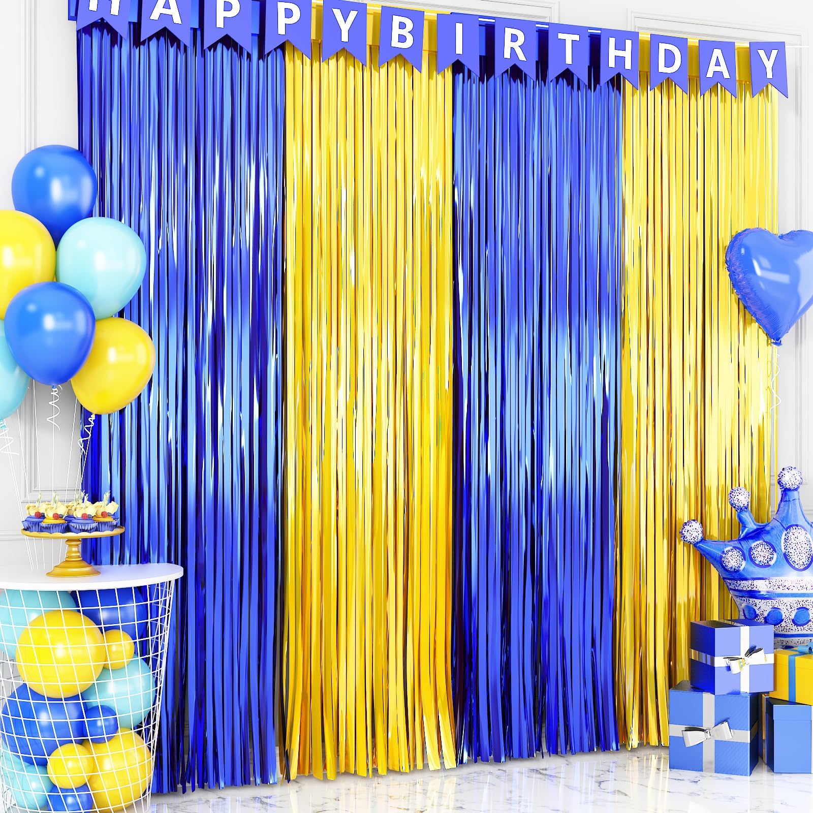 Blue and Gold Party Decorations, 2 Pack 3.3x6.6ft Royal Blue and Gold Foil Fringe Curtains Tinsel Foil Photo Booth Prop Streamer Backdrop for Graduation Prom Wedding Birthday Party Decorations