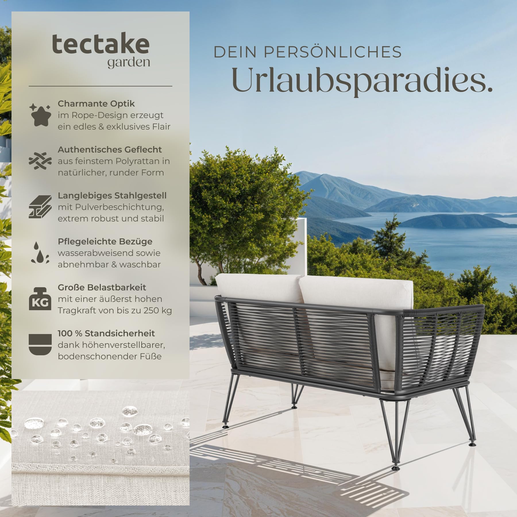 tectake® Rattan Lounge Sofa, Lounge Möbel Outdoor, Balkon Möbel, Outdoor Möbel, Rattan Gartenmöbel, Gartensofa mit Outdoor Kissen wetterfest, Balkonmöbel Kleiner Balkon, Wintergarten