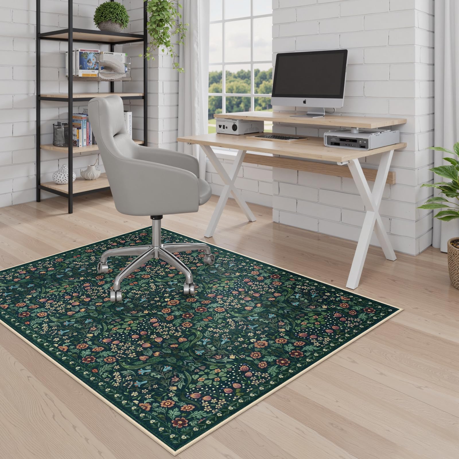 Anidaroel Floral Office Chair Mat 48x60 Navy Blue