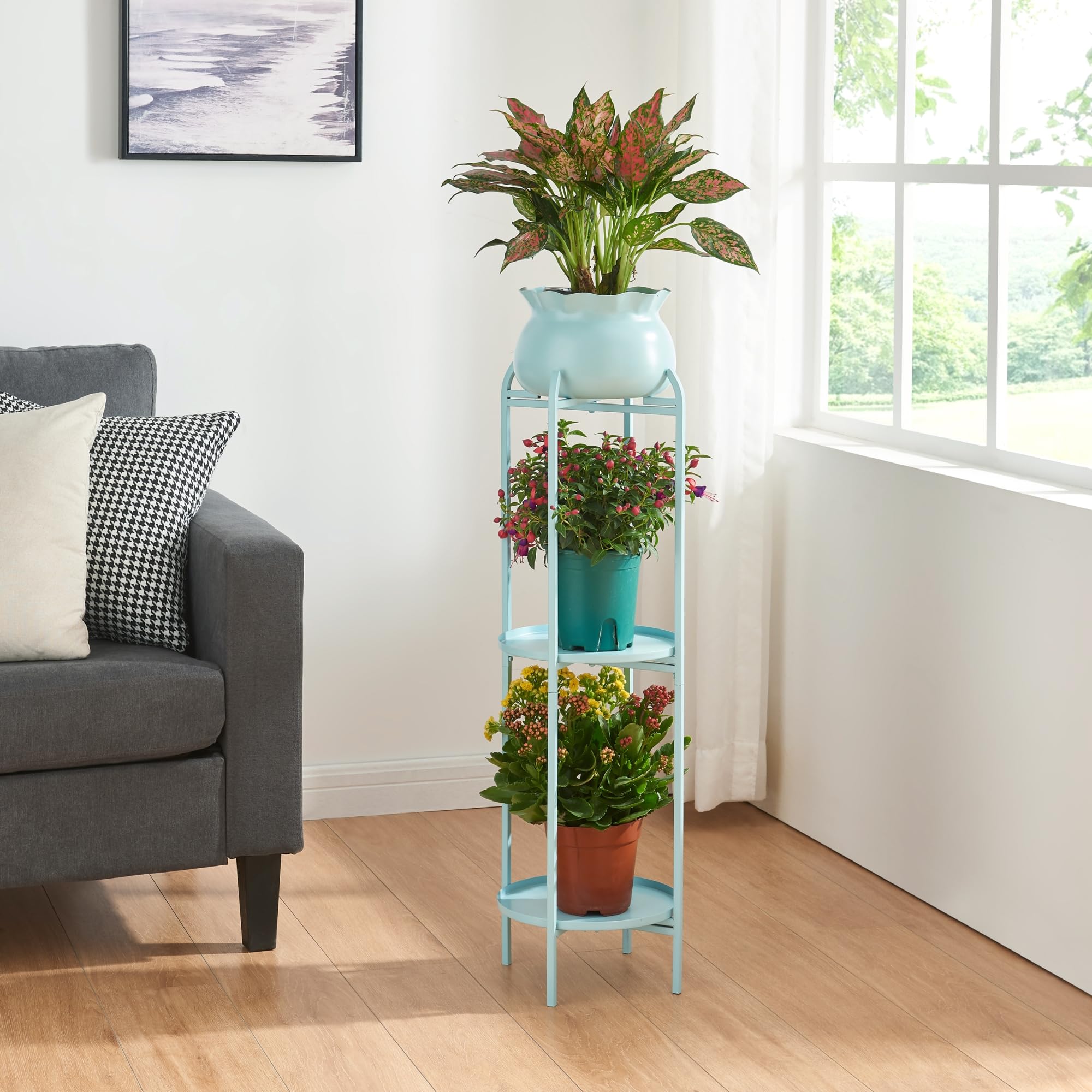 [en.​casa] Stand Portapiante con Custodia Decorativa per Vaso e 2 Piani Portavaso Rotondi Espositore Piante Fiori Piedistallo in Metallo 94,​5 x 27 x 27 cm Azzurro