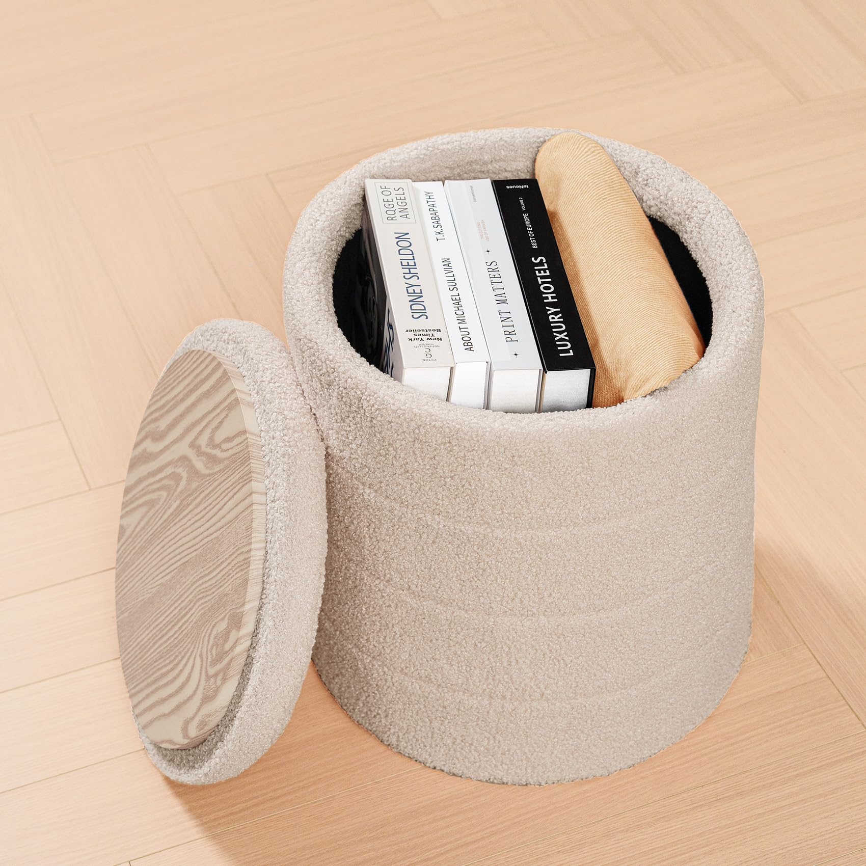 Bonlife Tabouret de Rangement, Rond Pouf Pliable, Coffre de Rangement, pour Salon, Chambre, Dortoir, Charge jusqu'à 120 kg, Beige, 37x37x45 cm
