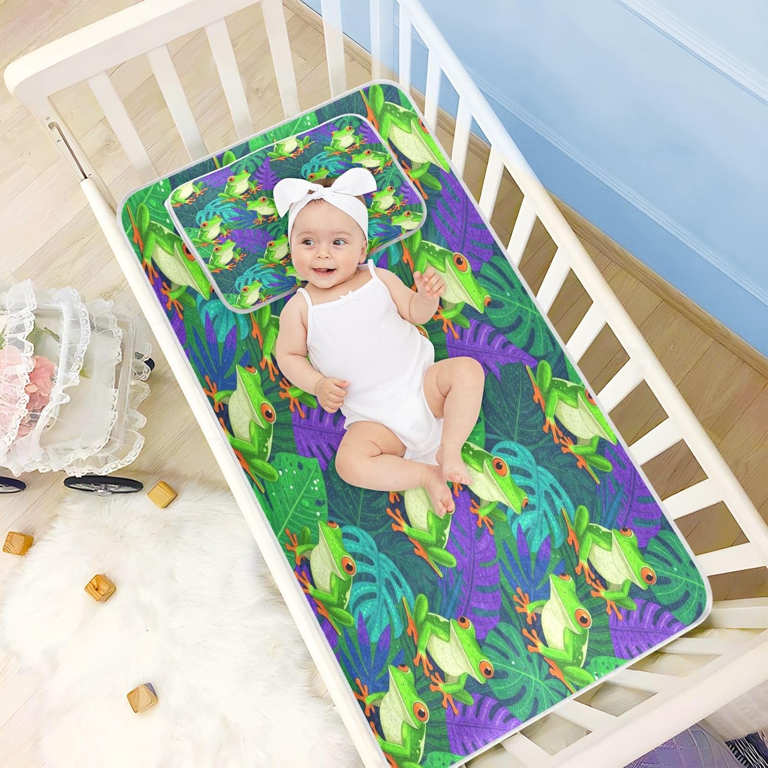 Cooling Baby Bed Mattress Protector 28" x 52" Washable Painted Tree Frogs Pattern Mattress Protector pad for Baby&Toddler