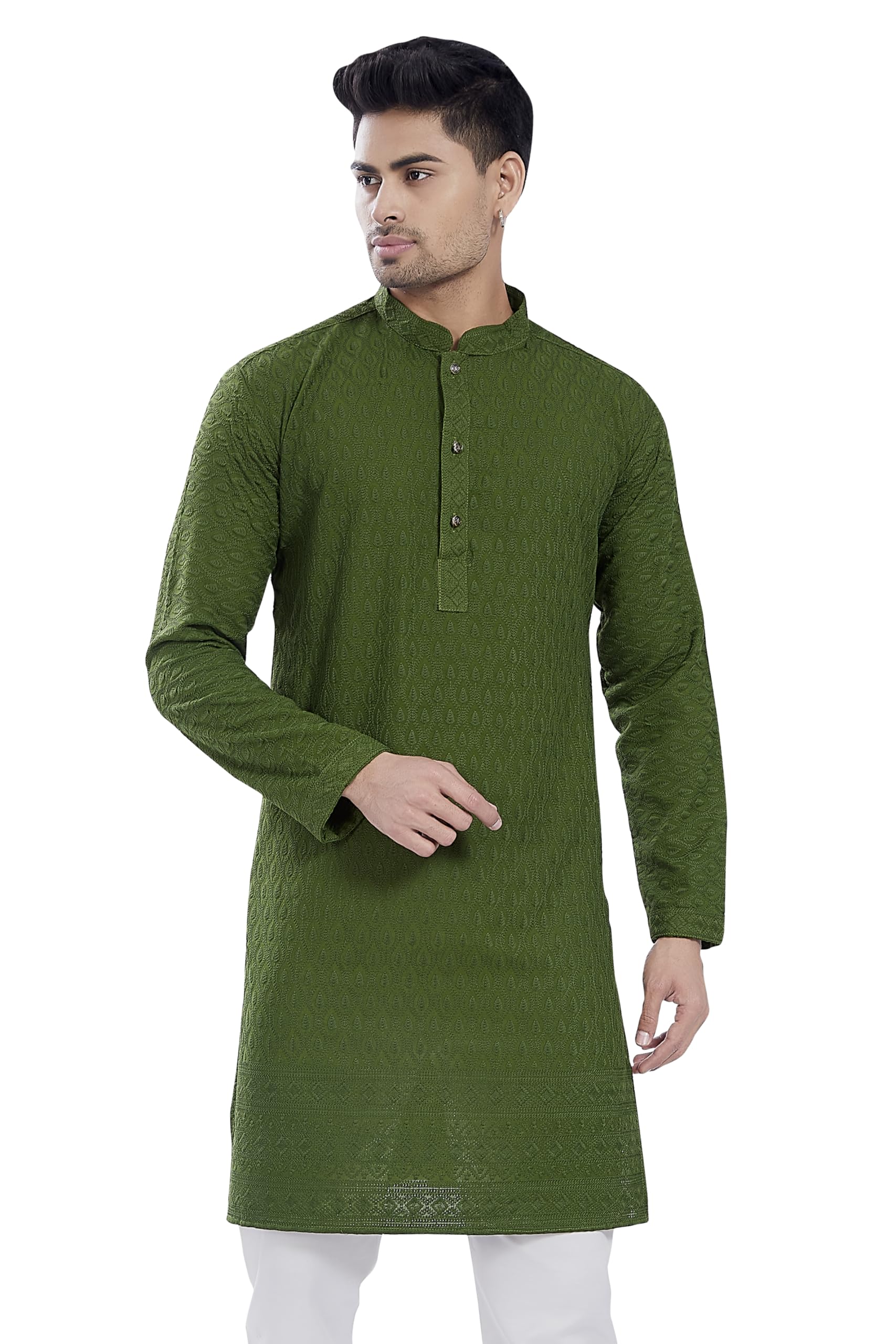 Divisive Men's Thread Embroidered Cotton Blend Only Slim Fit Kurta (Dkrt732_M_Mehendi)
